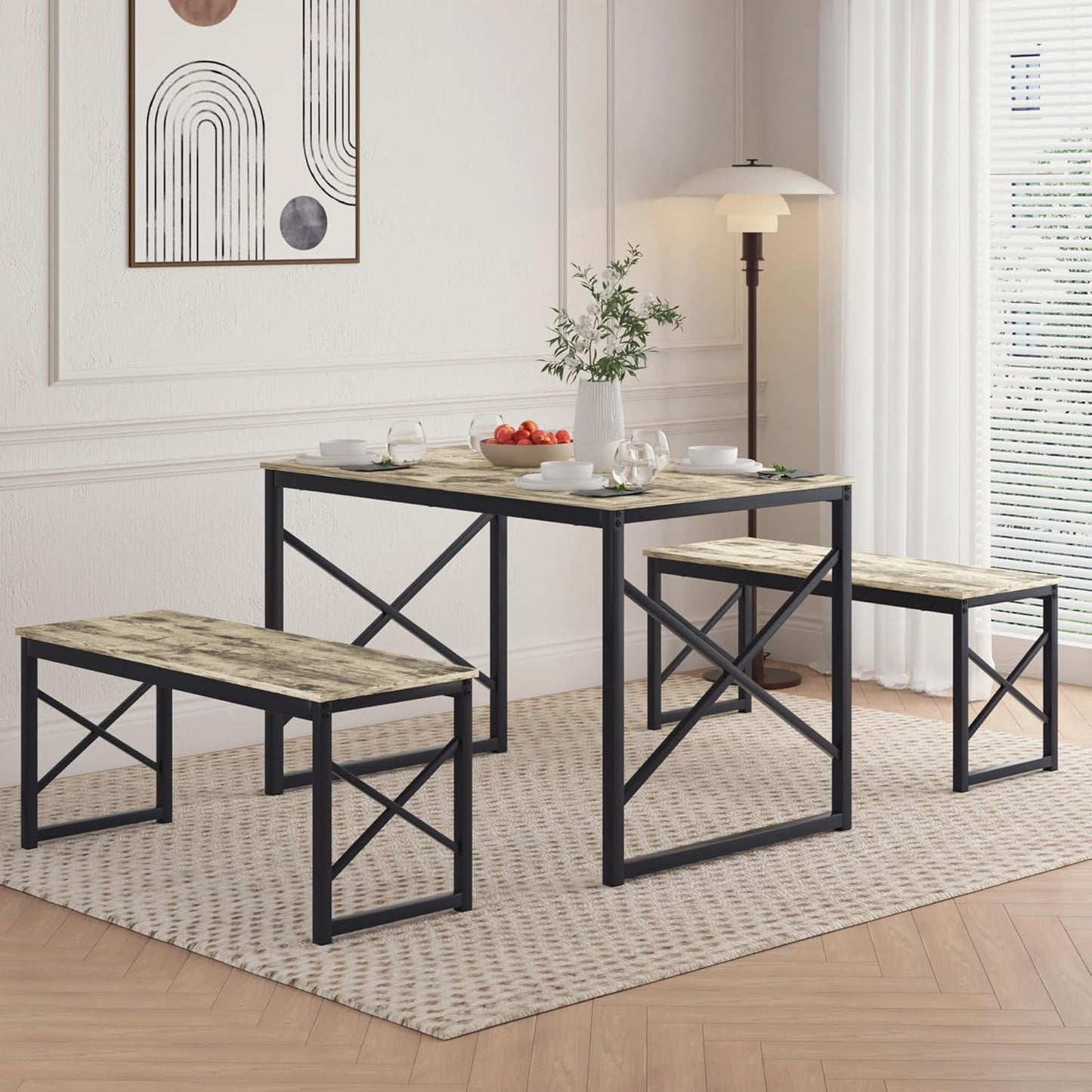 VECELO Kitchen Table with 2 Benches for 4, 43.3'' Wood Dining Room Dinette Sets with Metal Frame for Breakfast Nook and Small Space, Grey