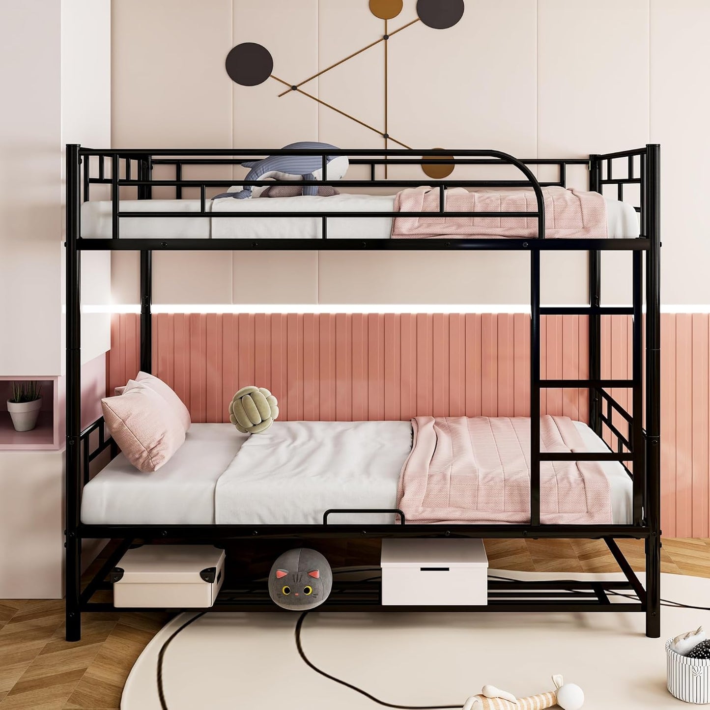 Twin Over Twin Metal Bunk Bed with Shelf and Guardrails, Heavy-Duty Steel Bed Frame,Built-in Ladder,Can Be Divided into 2 Separate Beds,for Kids Teens Adults,Black
