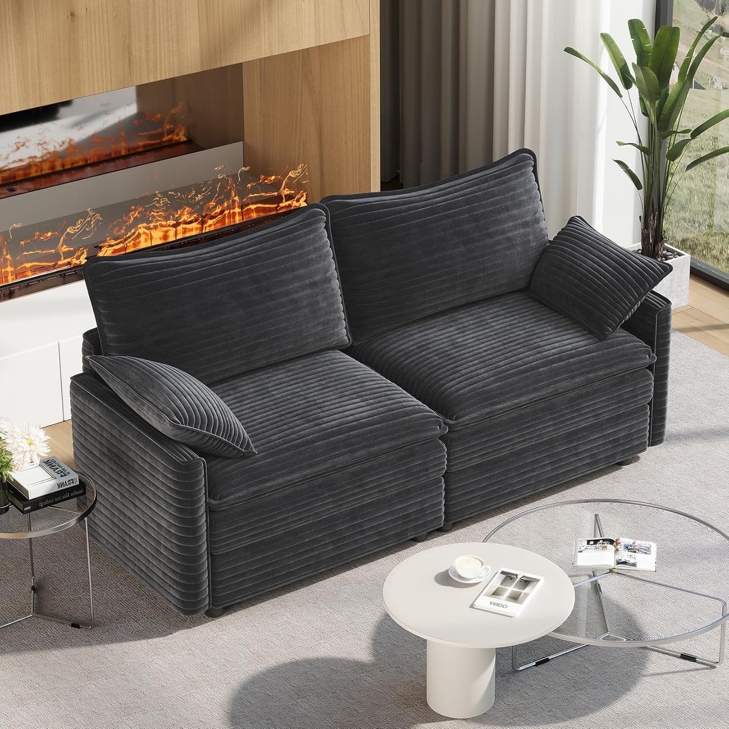 Vesgantti 74" Loveseat Sofa for Living Room, Comfy Cloud Couch Deep Seat Corduroy Modern 2 Seater Small Sofa with Armrest Pillow, Easy Assembly for Small Spaces, Gray