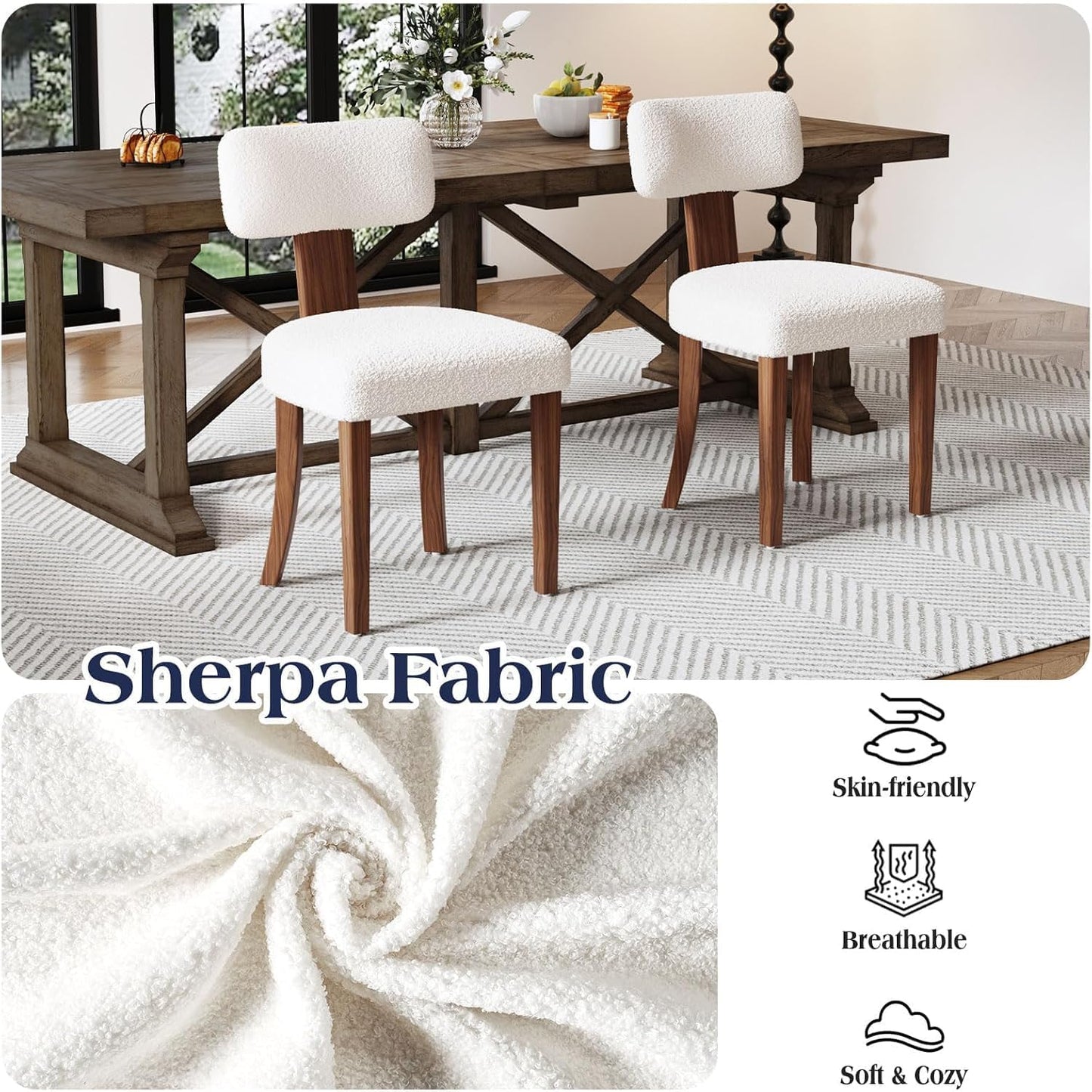 Farmhouse Chair Set of 2, Mid Century Modern Dining Chairs, Sherpa Upholstered Kitchen Chairs with Curved Backrest & Adjustable Legs for Living Room/Bedroom, Easy to Install, White Sherpa