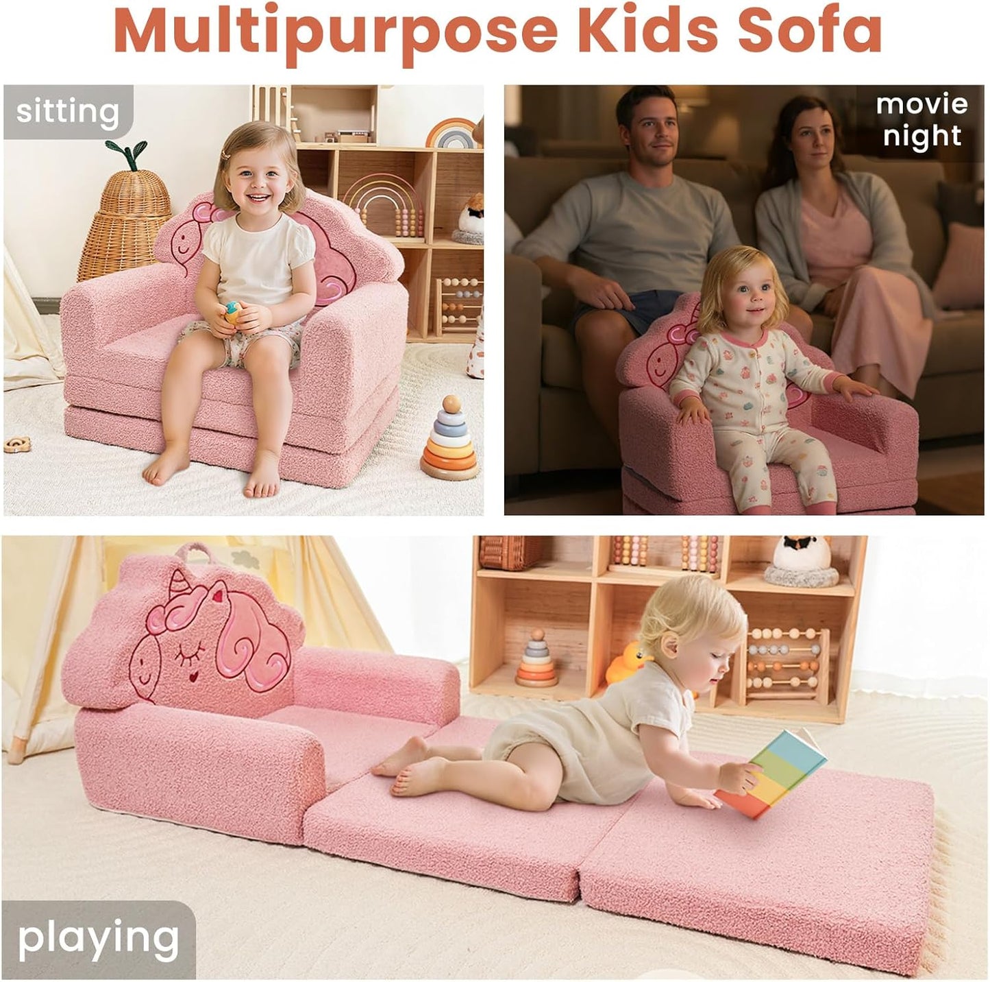 TinyPalsa Kids Couch, Convertible Sofa to Lounger Fold Out, Pink Unicorn Design Chair for Toddlers 1-3, Gift for Birthday, Movie Night