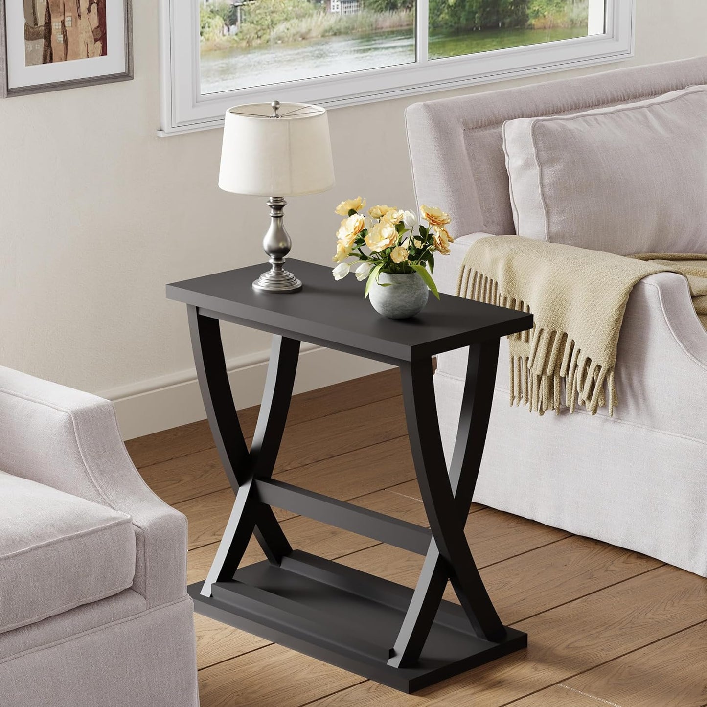ChooChoo Black End Table, Narrow Side Table with Storage Shelf, Modern X-Design Slim End Table for Living Room,Bedroom, Small Space, 11.8" D*23.6" W*23.4" D