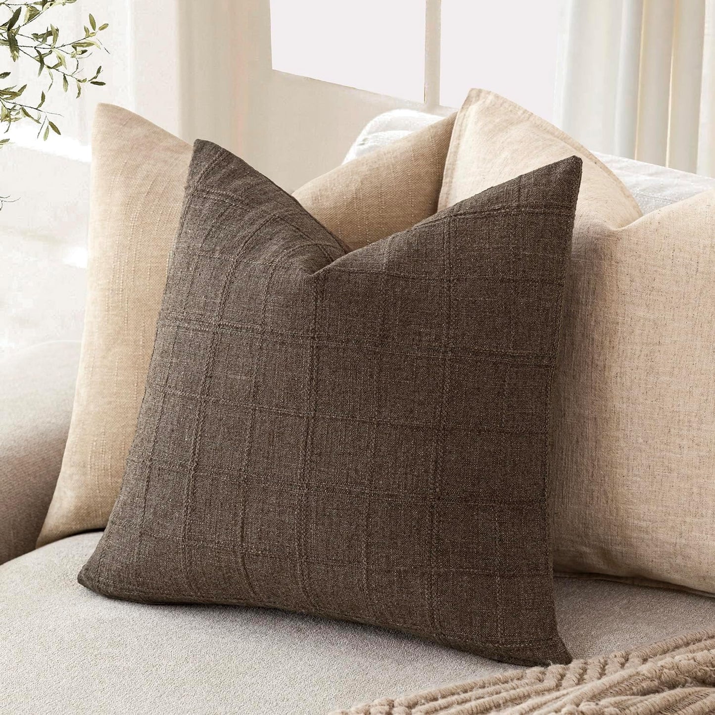 Foindtower Set of 2 Decorative Linen Check Throw Pillow Covers Neutral Farmhouse Vintage Cushion Covers Modern Boho Home Decor for Sofa Chair Couch Bedroom Living Room Outdoor,20×20 Inch,Dark Brown