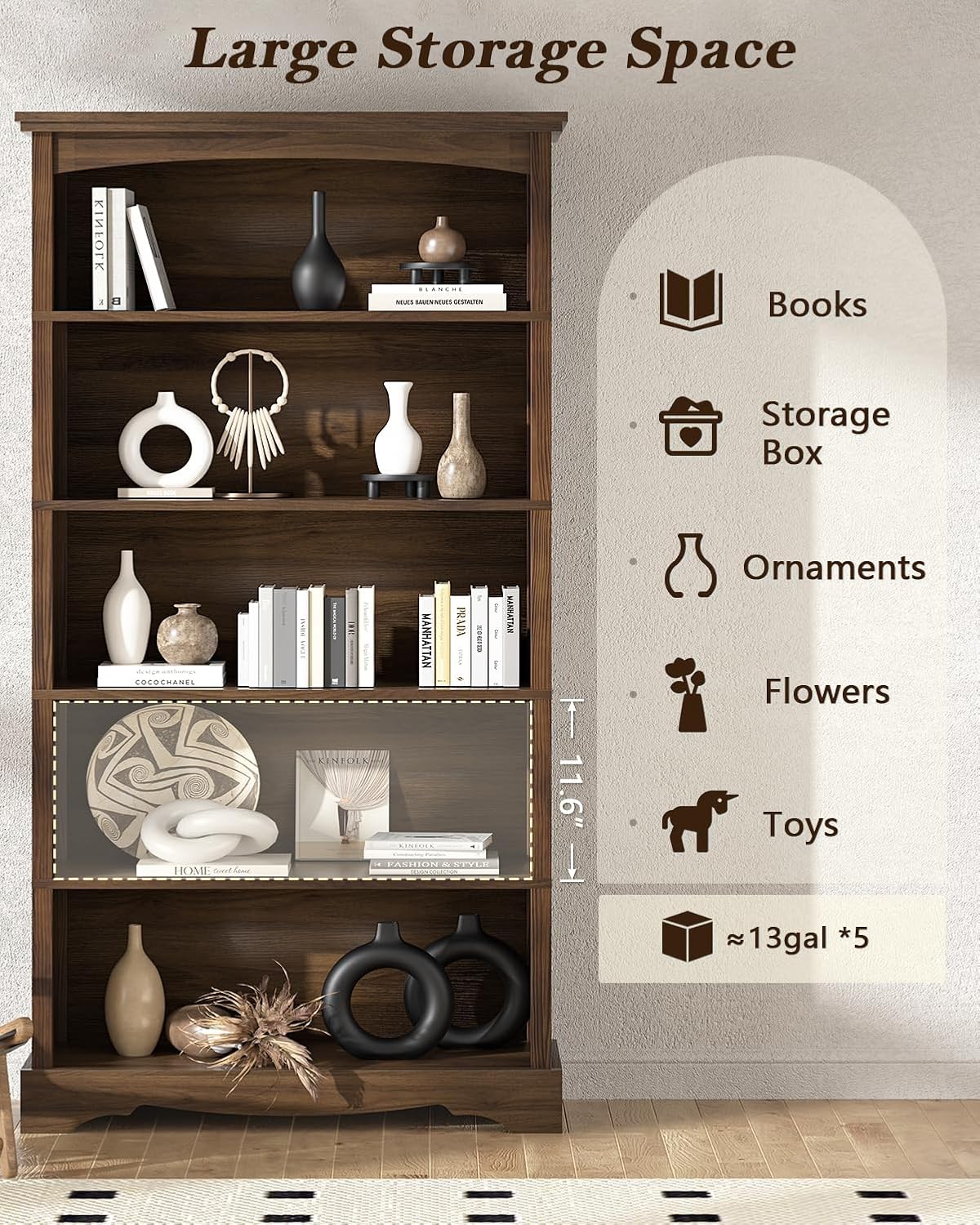 TVU 5-Tire Wood Book Shelf, 65 Inch Tall Bookshelf with Storage, Floor Standing Display Bookcase for Living Room, Office, Study Room, Entryway, Brown