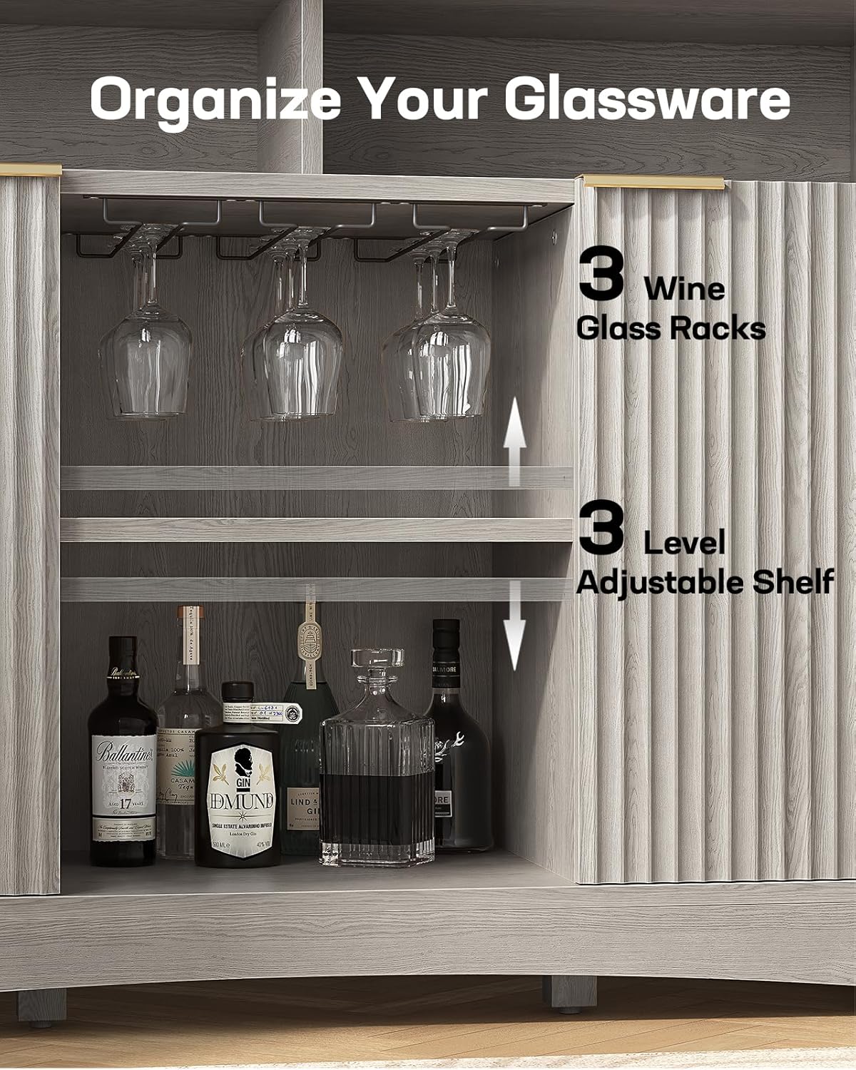 Marsail 47.2" Bar Cabinets with Storage, Modern Buffet Cabinet, Large Sideboard with 2 Fluted Panel Doors, Coffee Bar Cabinet with Adjustable Shelf and Glass Rack for Kitchen, Living Room, Grey