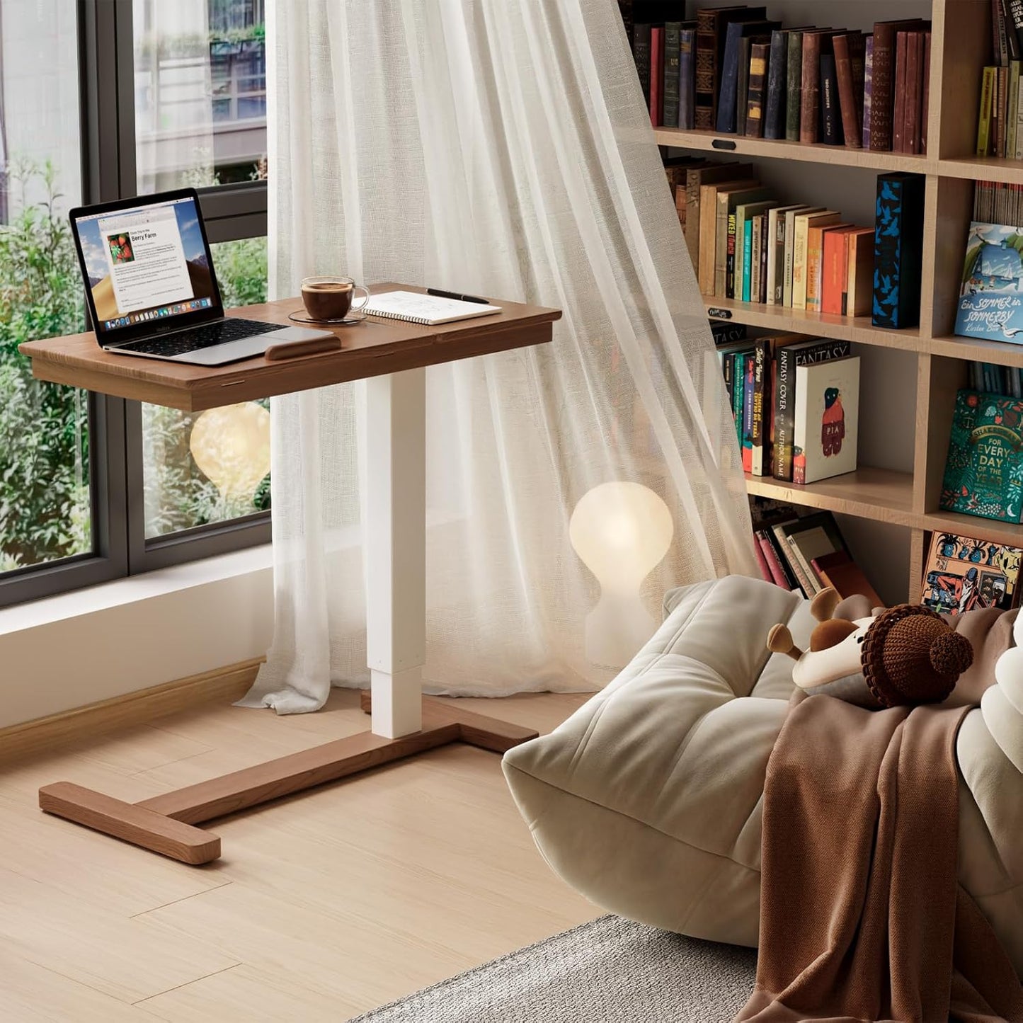 Solid Wood Overbed Bedside Table with Wheels, Adjustable Medical Tilt Top Hospital Bed Table Over The Bed, Rolling Laptop Desk, Mobile Standing Desk for Hospital and Home Use (Walnut)