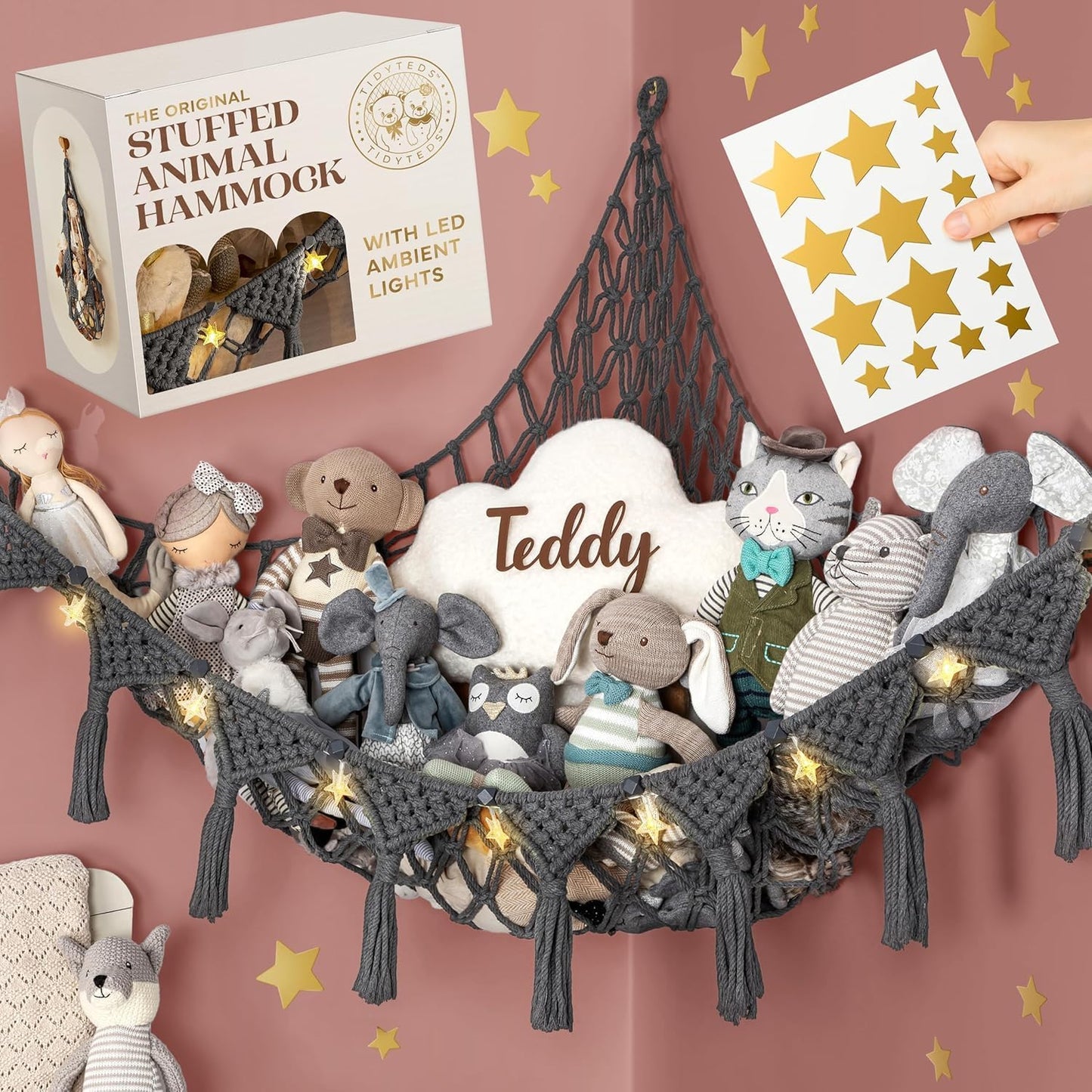 Macrame DreamLights Boho Stuffed Animal Storage Net or hammock Extra Large for Small or large Plushies. Plush Gray Toy Storage Holder