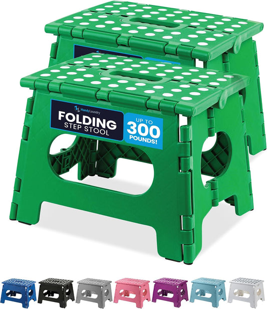 Handy Laundry Folding Lightweight Step Stool - Sturdy Enough to Support Adults and Safe Enough for Kids - Opens Easy with One Flip - Great for Kitchen, Bathroom or Bedroom (Green | 2-Pack)