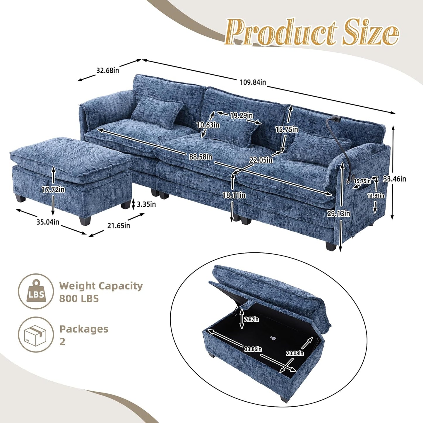 Ball & Cast Modular Sectional Sofa,L Shaped Couch with Movable Storage Ottoman,Chenille Upholstered Sofa W/USB Charging Port,Phone Holder and Side Pocket,for Living Room,Apartment,Navy,109"