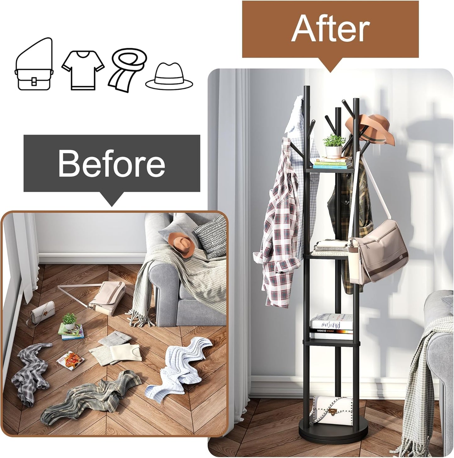 FILWH Bamboo Coat Rack Rotary Freestanding with Shelf Coat Tree Stand for Hallway Entryway with 9 Hooks and 3 Storage Shelves (Black)