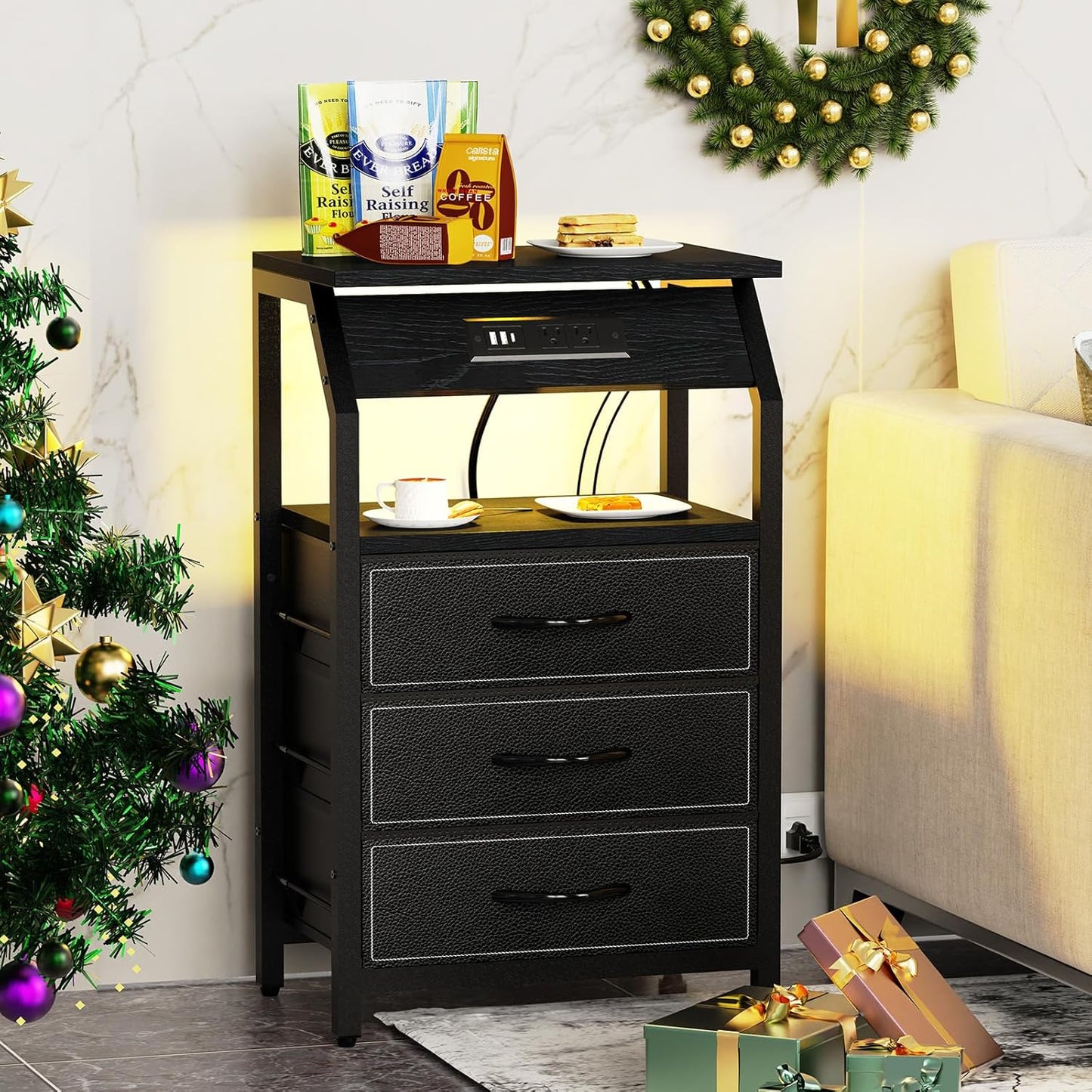 End Table with 3 Drawers, Nightstand with Charging Station and LED Lights, Small Fabric Dresser for Bedside, Storage Side Table for Living Room Dorm, Black