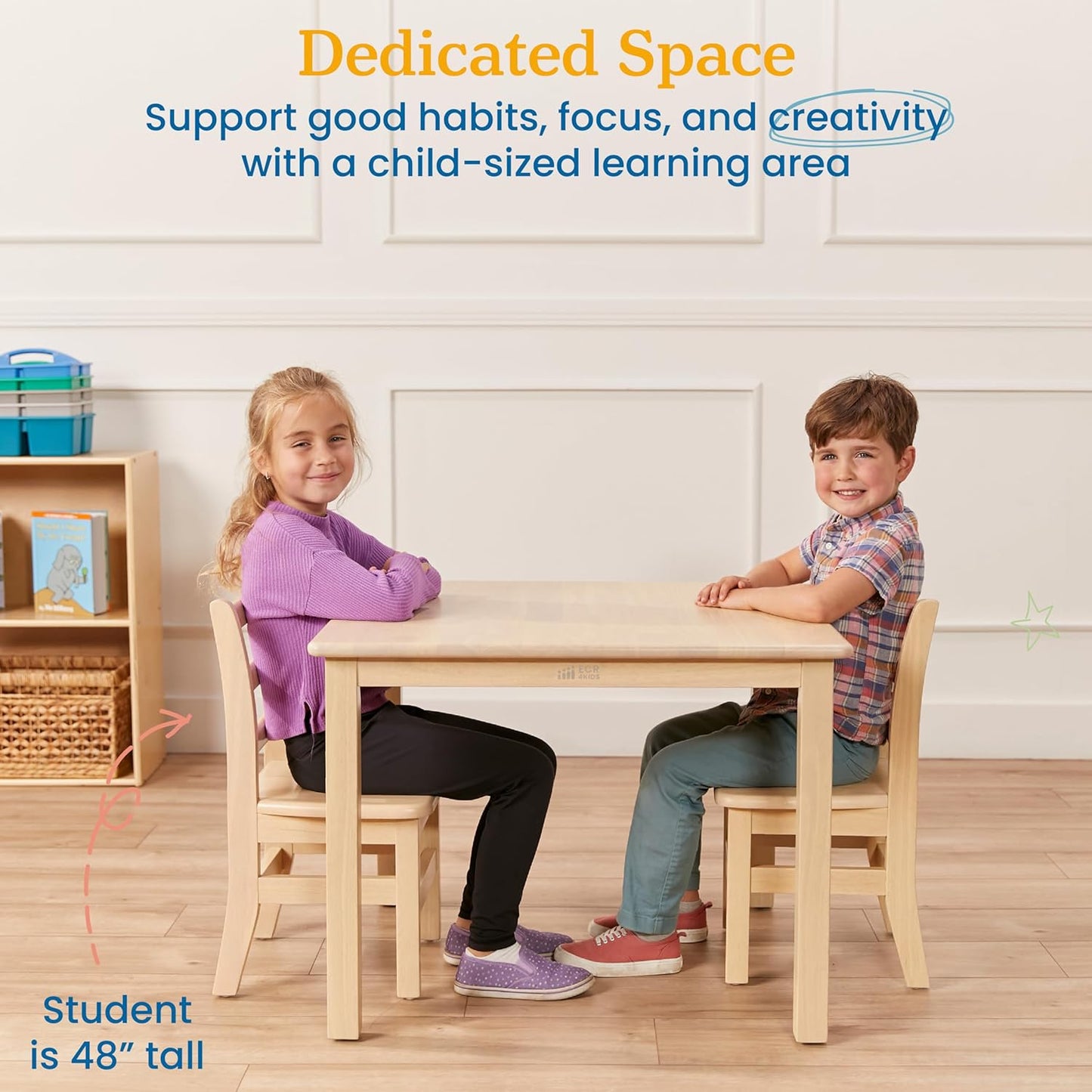 ECR4Kids 30in x 30in Square Hardwood Table and Chair Set, 12in Seat Height, Kids Furniture, Antique White