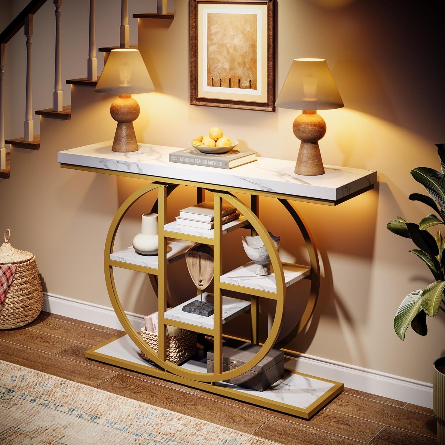 41" Console Table, 4-Tier Entryway Table with Circle Base, Industrial Narrow Wood Sofa Accent Tables with Storage Shelves for Living Room, Hallway, Foyer (White Gold)