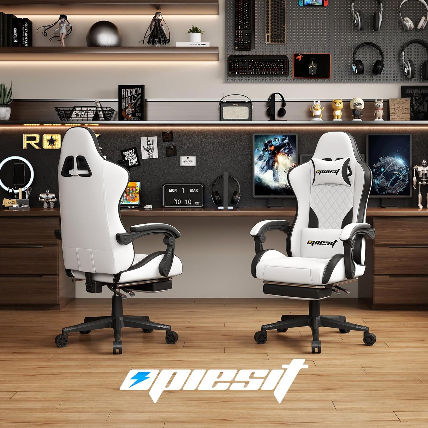 Gaming Chair,Ergonomic Computer Chairs for Adults with Footrest, PU Leather Office Chair with Adjustable Lumbar Support & Pocket Spring Cushion - Heavy Duty 400lb Capacity Gamer Chair (White)