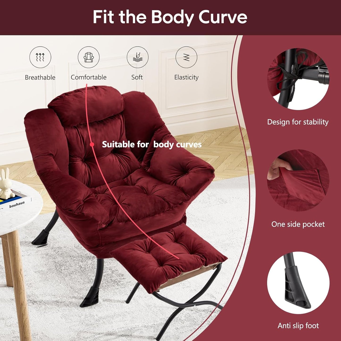 Lazy Chair with Folding Ottoman Modern Large Accent Chair,Contemporary Lounge Leisure Sofa Chair with Armrests Upholstered Sofa Armchair Reading Chair for Bedroom,Dorm&Office (Dusty Rose-f)