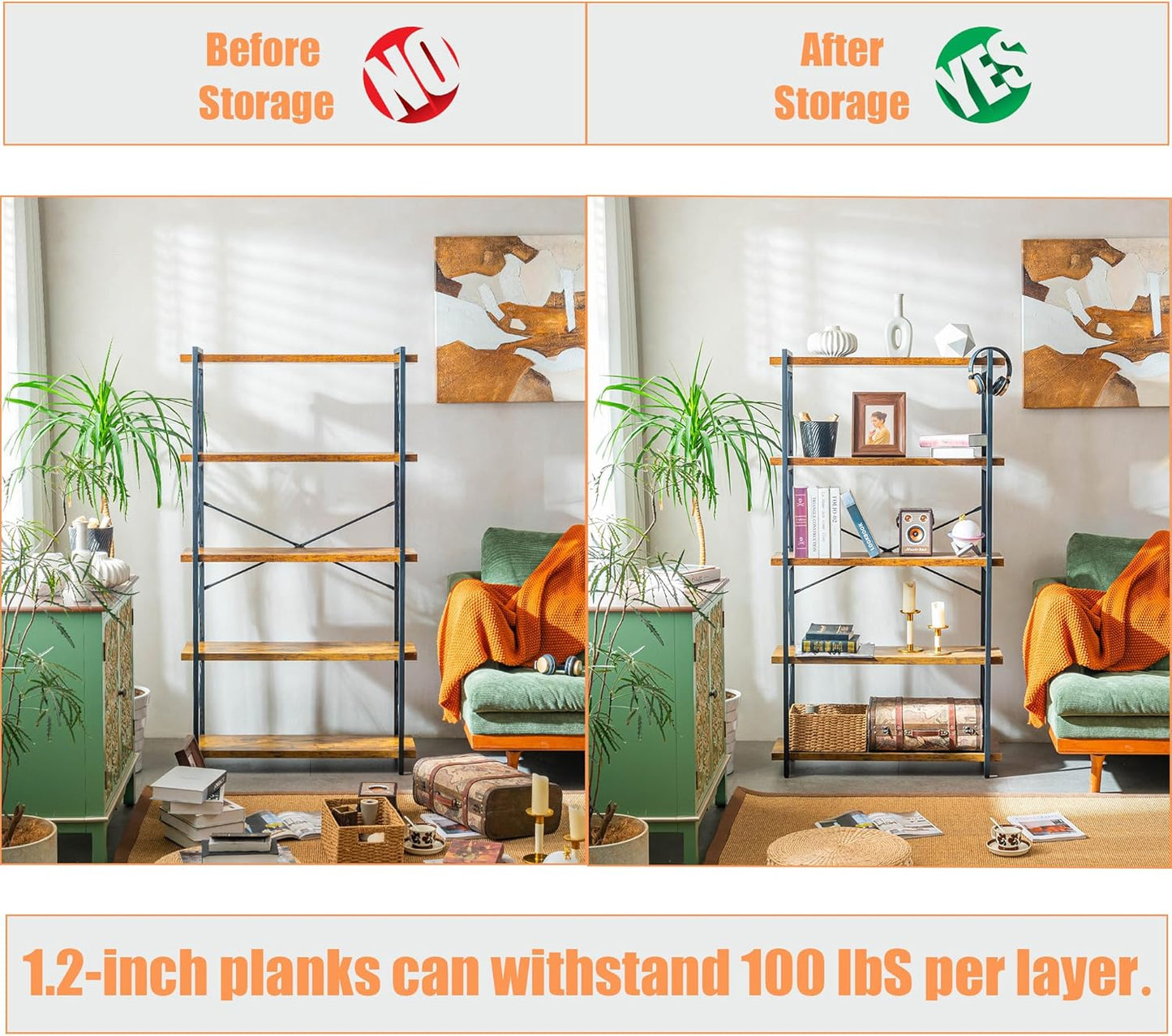 Bookshelf, 5 Tier Book Shelf, Industrial Tall Bookcase for Living Room, Home Office and Kitchen