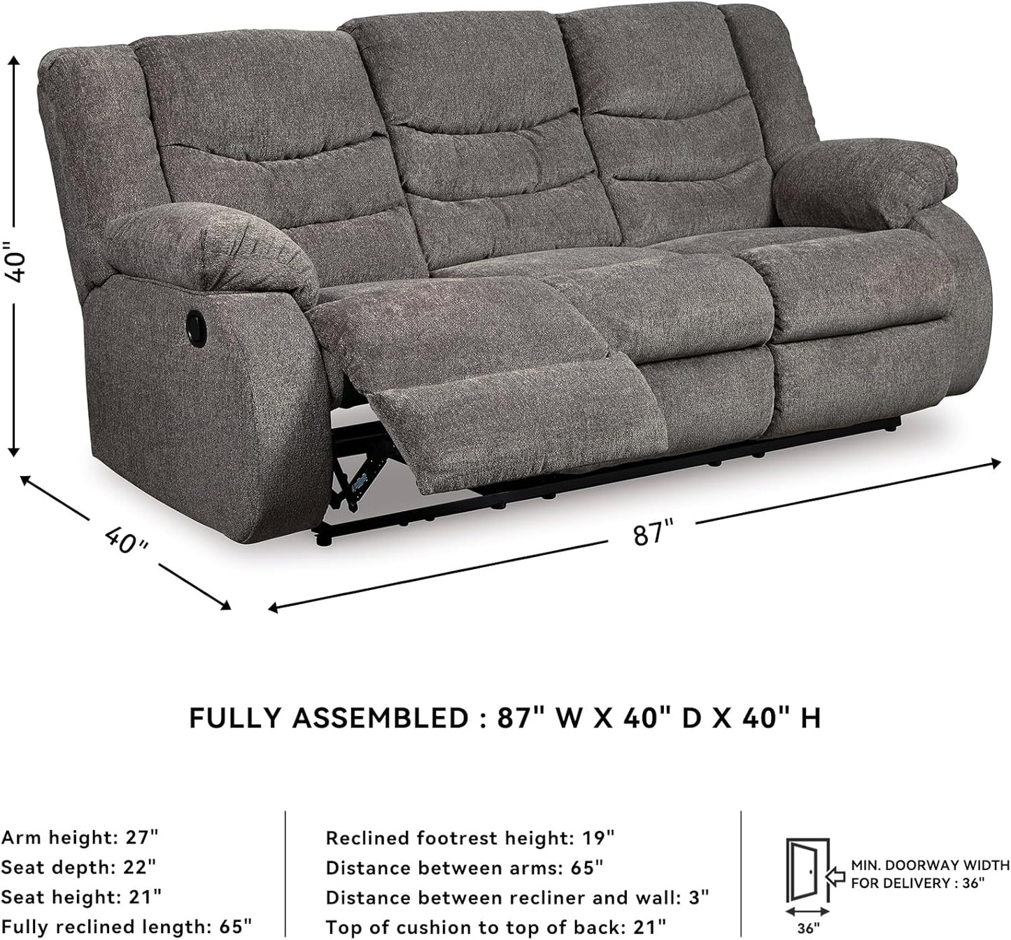 Signature Design by Ashley Tulen Modern Manual Pull Tab Reclining Sofa, Dark Gray