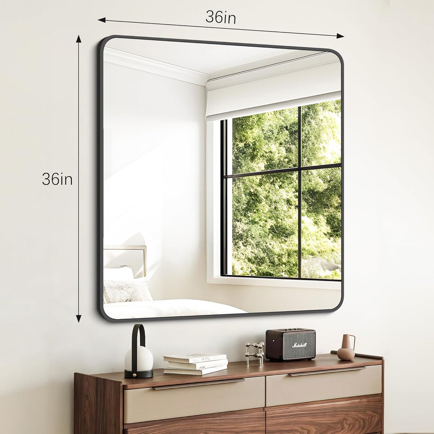 FORBATH Bathroom Mirror 36" x 36"，Large Square Wall Mirror with Black Aluminum Frame Rounded Corner, Wall Mounted Mirror for Bathroom Bedroom Entryway Living Room