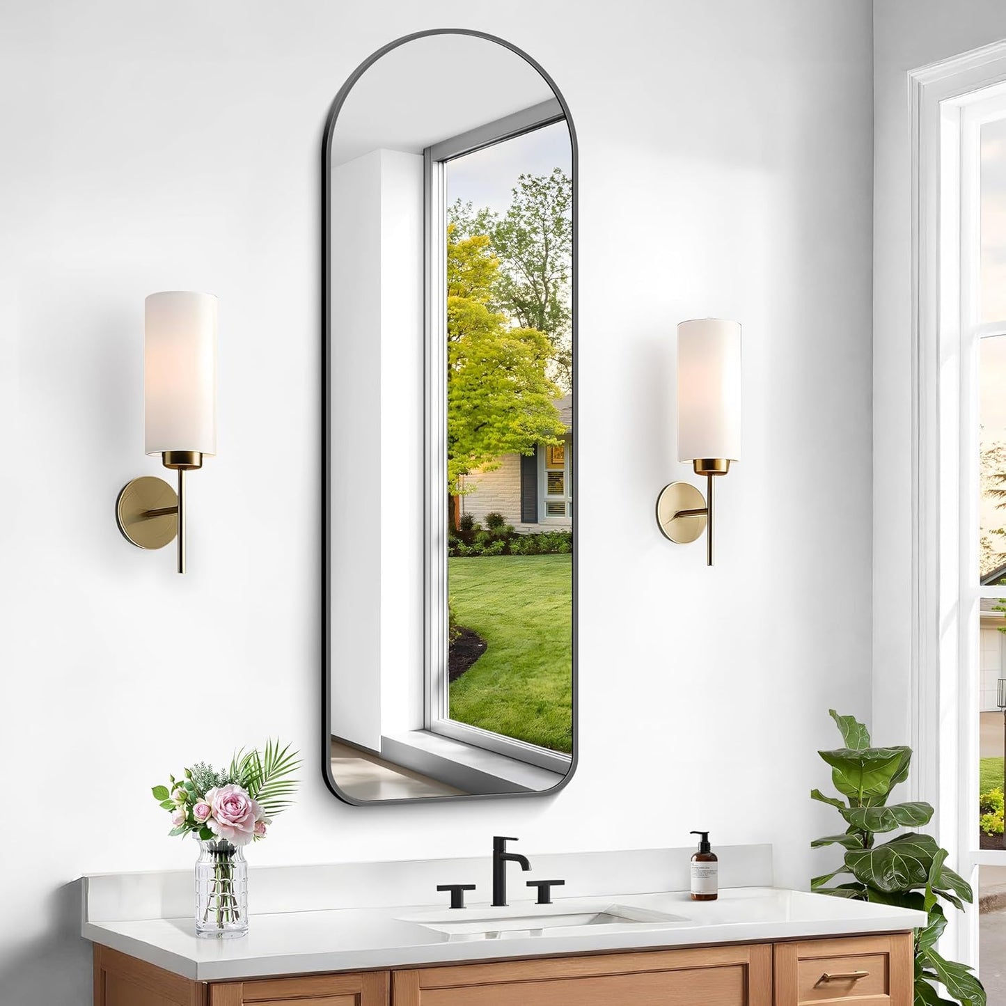 Arched Bathroom Mirror, 16"x48" Black Arched Mirror for Bathroom, Wall Mounted Mirror, Gold Vanity Wall Mirror w/Metal Frame for Bedroom, Entryway, Living Room, Vertically Hanging