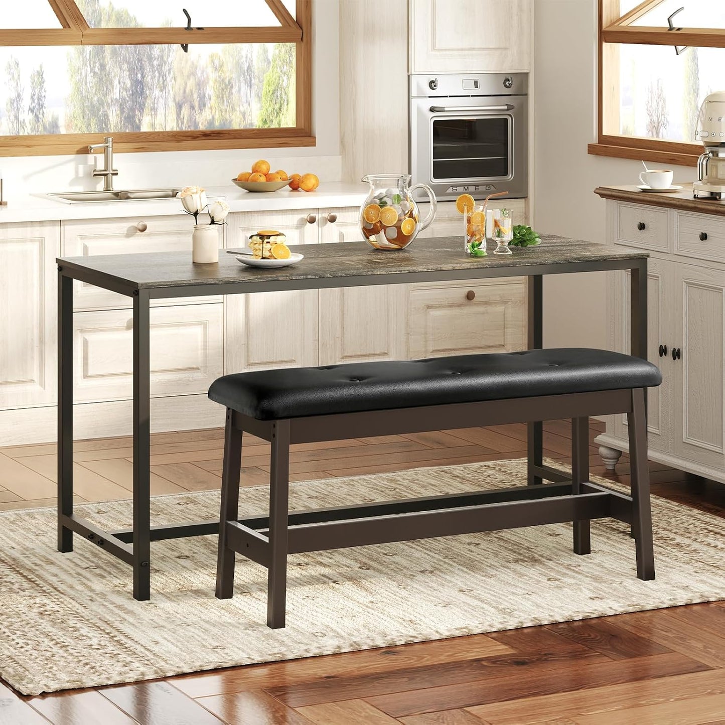 HOOBRO Dining Bench, Bamboo Dining Room Bench with PU Leather Upholstered Seat, for Kitchen, Living Room, Hallway, Kitchen, Entryway, Brown and Black CB13CD01