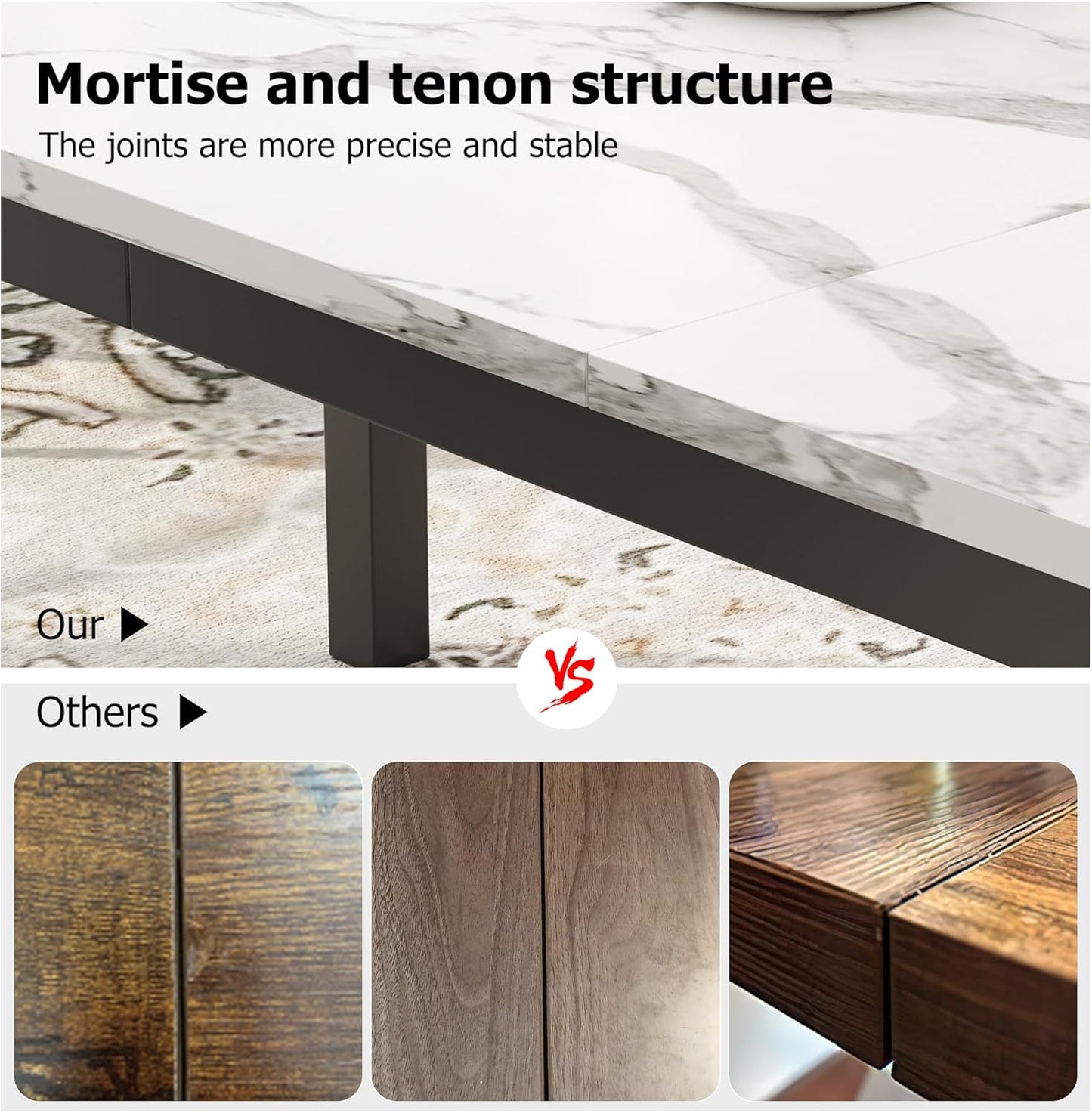 GarveeHome 78.7in Industrial Dining Table for 6, Wooden Long Dinner Table with Mortise Tenon Design, Kitchen Table with Sturdy Metal Legs, for Dining Room Home Office Living Room, White