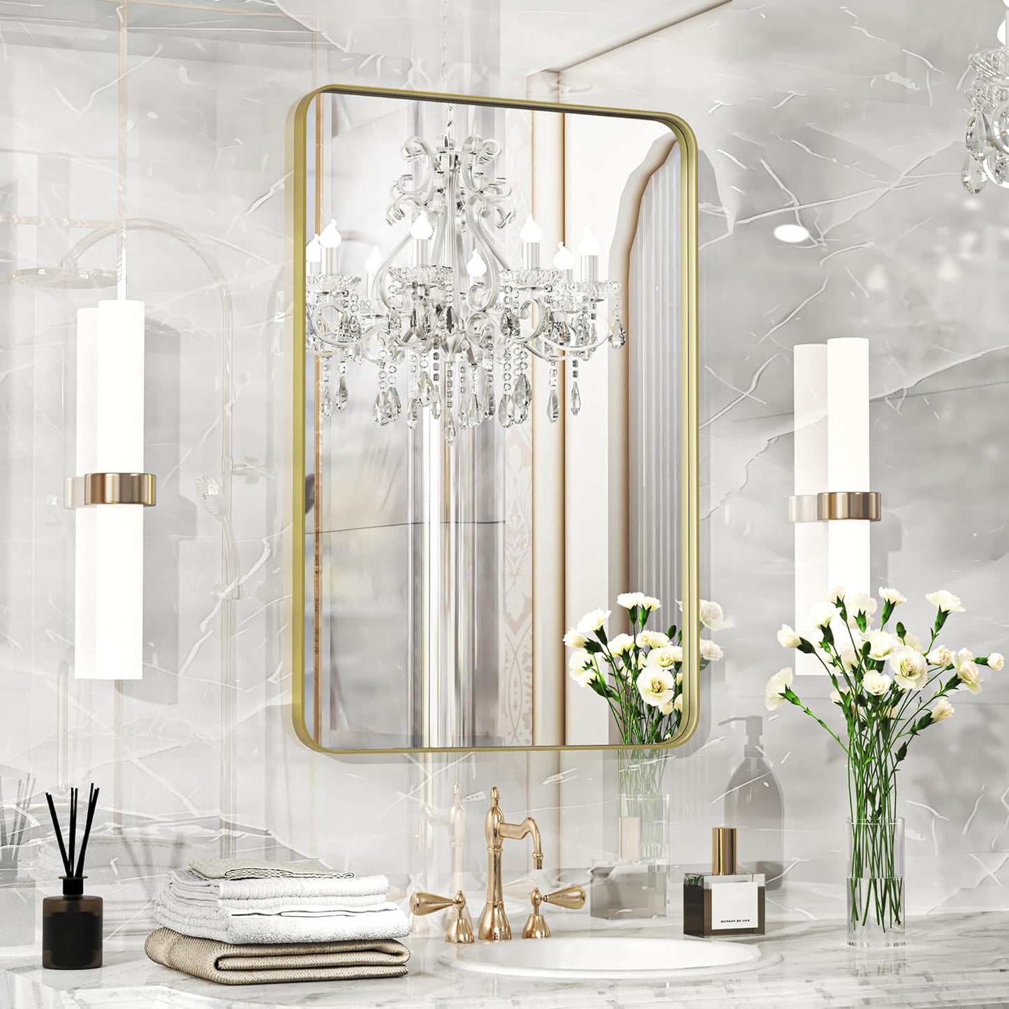 Fun Memories Gold Bathroom Mirror 20x30 Inch Bathroom Vanity, Metal Black Frame Large Mirror, Modern Wall Mirror for Bathroom, Tempered Glass, Farmhouse, Horizontally or Vertically