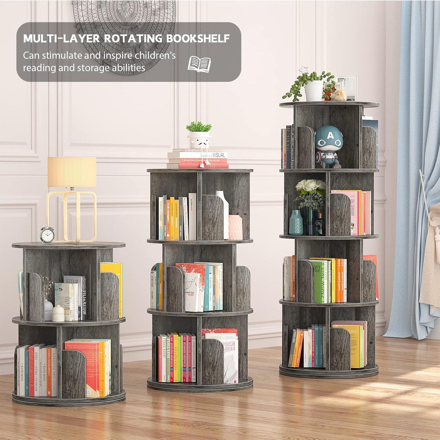 Aheaplus Rotating Bookshelf, 360 Display Corner Bookshelf for Small Space, 4 Tier Floor Standing Bookcase Storage Rack, Wood Narrow Book Shelf Organizer for Bedroom, Living Room, Study Room, Grey Oak