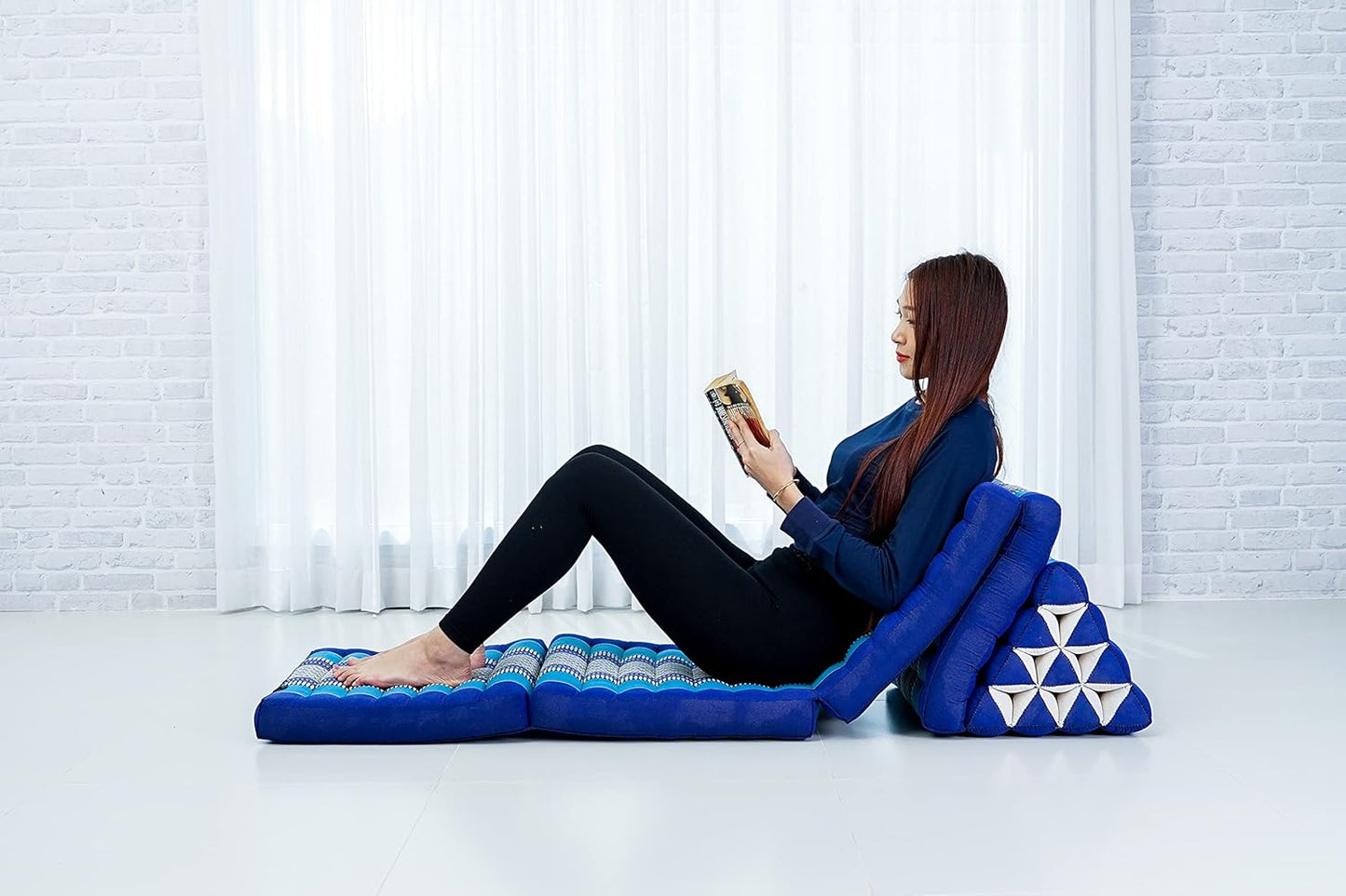 Leewadee Comfortable Japanese Floor Mattress - Thai Floor Bed with Triangle Cushion - Futon Mattress - XL Extra Long Thai Massage Mat, 89 x 20 inches, Blue, Kapok Filling