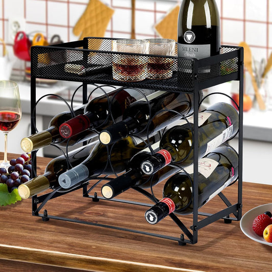 NOBLEMOOD 8 Bottles Countertop Wine Rack, Metal Tabletop Wine Bottles Holder with Top Storage Basket, Small Wine Rack Stand with Tray, Adjustable Feet for Home Kitchen Counter Dining Room