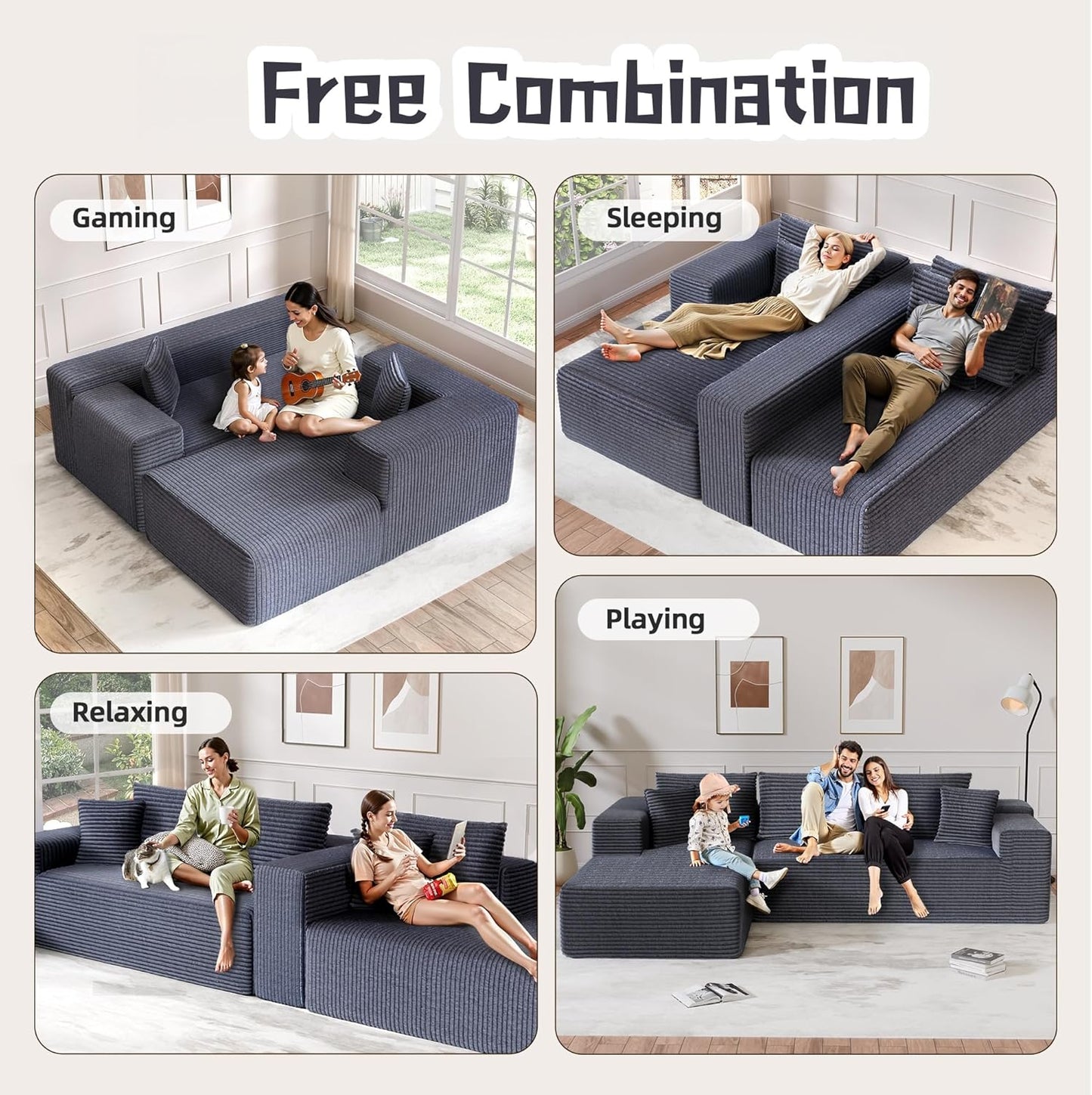 Cloud Sectional Couch, 104”L-Shape Large Oversized Sofa with Right Chaise Lounge, Modular Sleeper Couch with Pillows & Deep Seat, Flannel Velvet Compressed Sofa for Living Room, Dark Gray