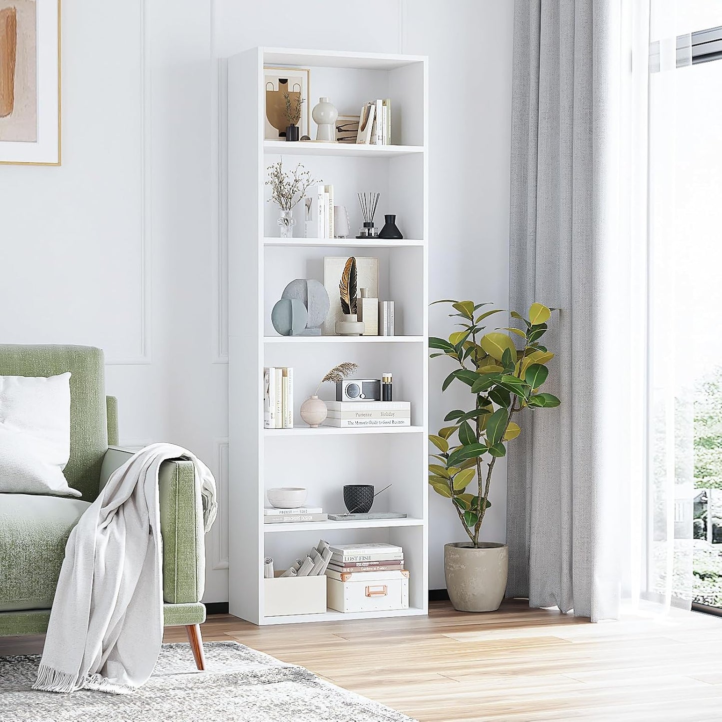 6-Tier Book Shelf, Floor Standing Open Bookcase, Wooden Display Storage Shelves with Anti-Tipping Device, 71" Tall Bookshelf for Bedroom, Living Room and Office, White