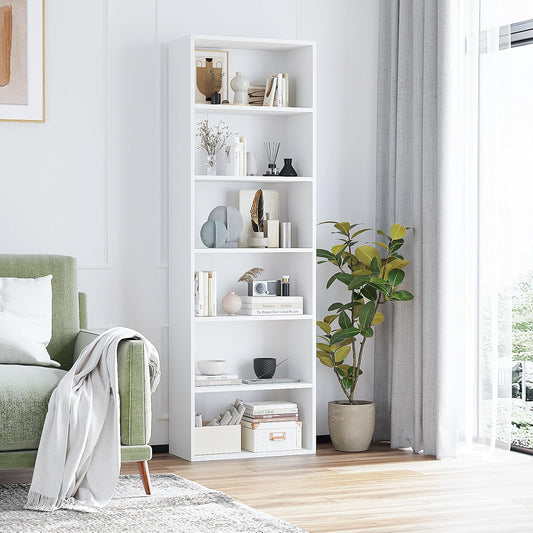 6-Tier Book Shelf, Floor Standing Open Bookcase, Wooden Display Storage Shelves with Anti-Tipping Device, 71" Tall Bookshelf for Bedroom, Living Room and Office, White