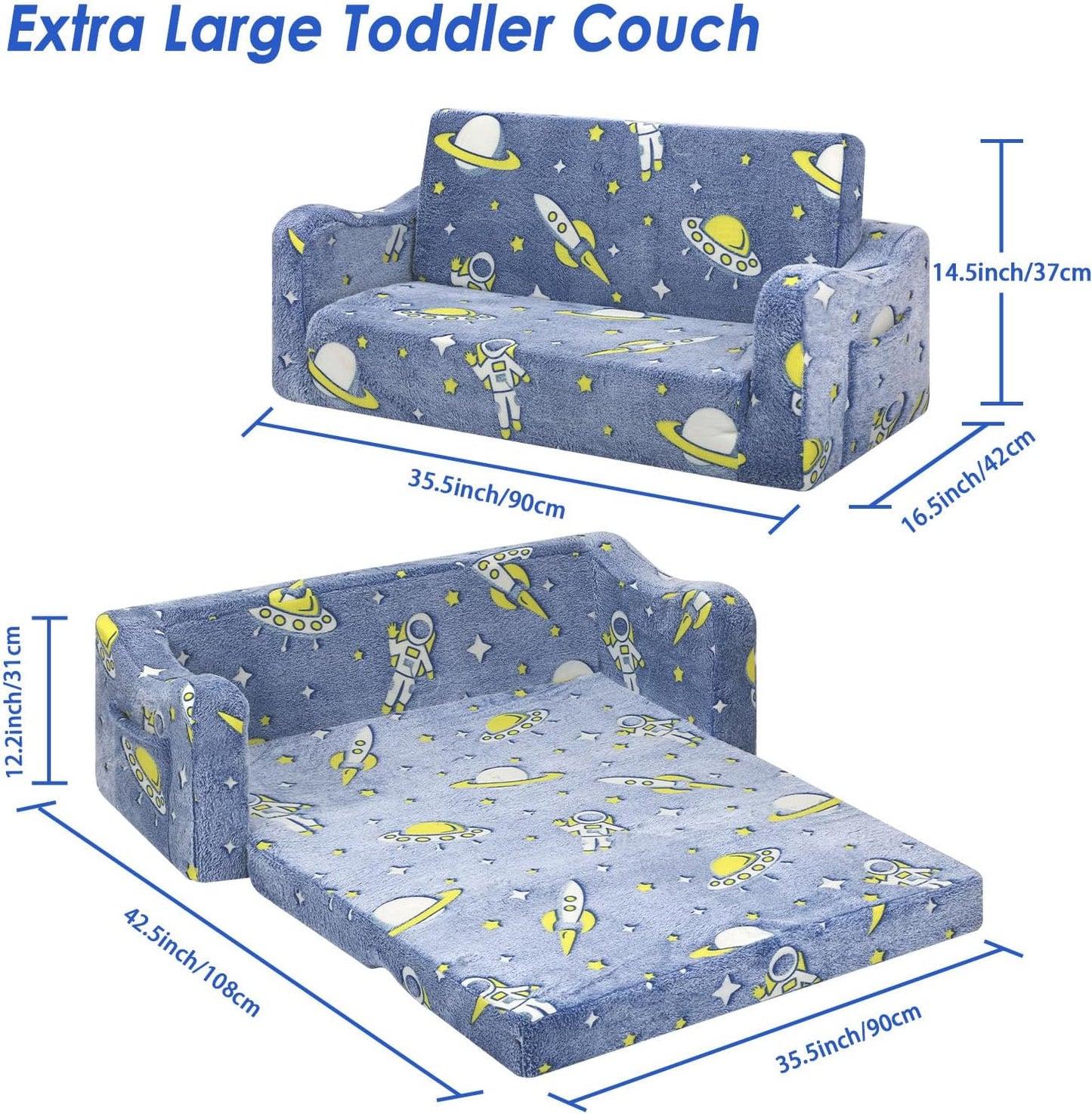 Kids Couch Extra Large,Glow in The Dark 2-in-1 Folding Kids Sofa Bed for Boys,2 Seats Convertible Sleeper Lounger Toddler Couch for Children Bedroom Playroom Nursery,Astronaut