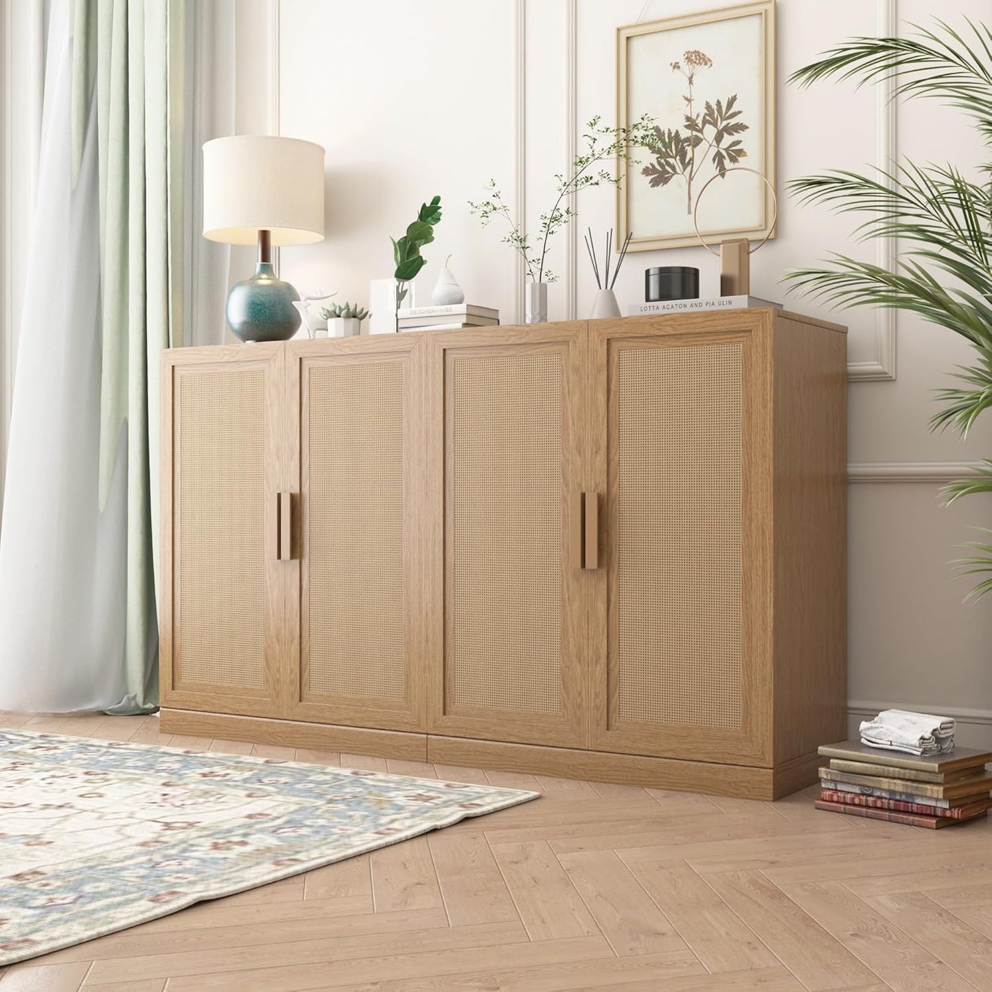 Buffet Cabinet, 4-Doors Sideboard Cabinet with Rattan Panels, Buffet Console Accent Table for Hallway Entryway Dining Room, 72", Oak