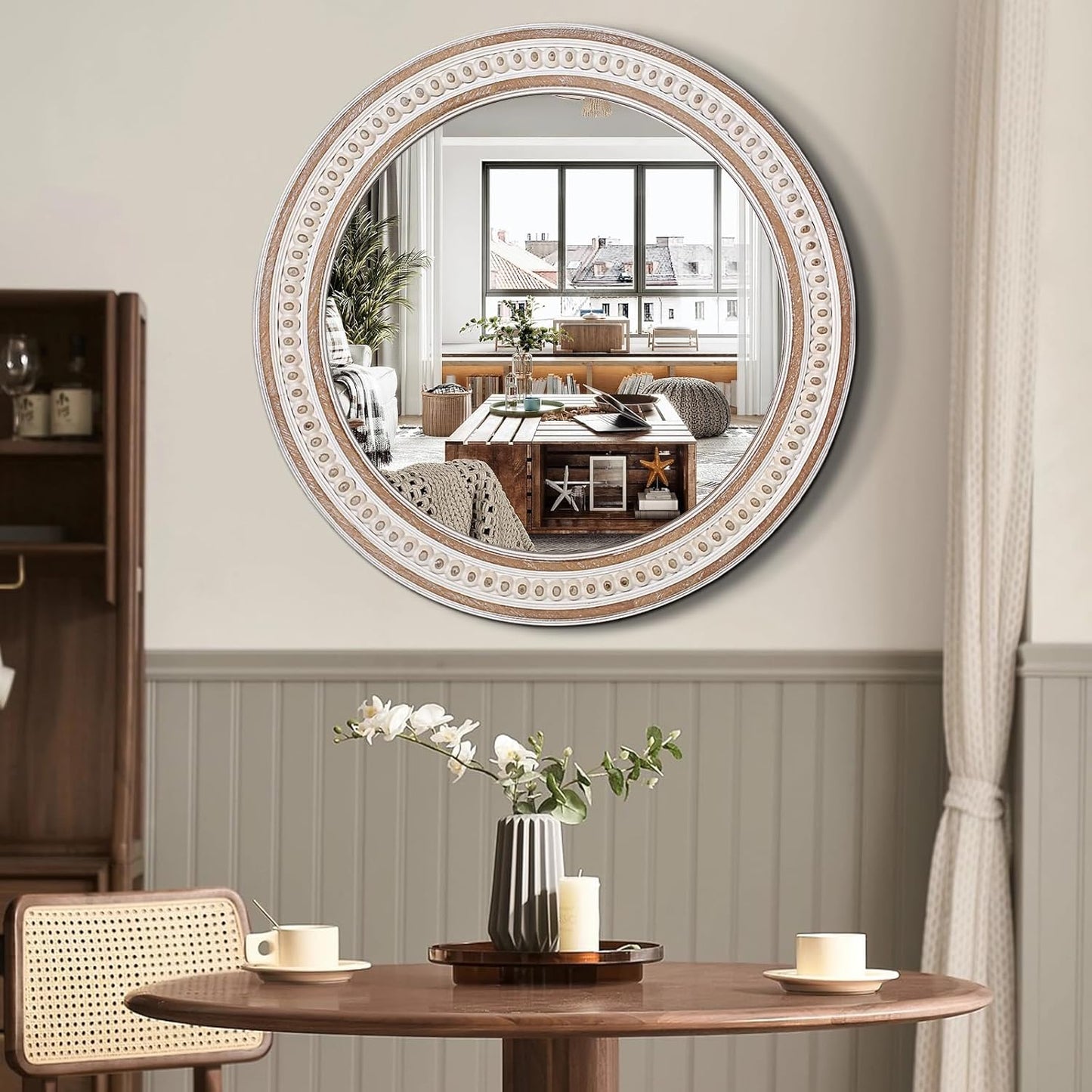 24 Inches Rustic Round Wall Mirrors - Wooden Farmhouse Circle Mirror for Bathroom, Entryway, Bedroom, Living Room, Entryway Decorative