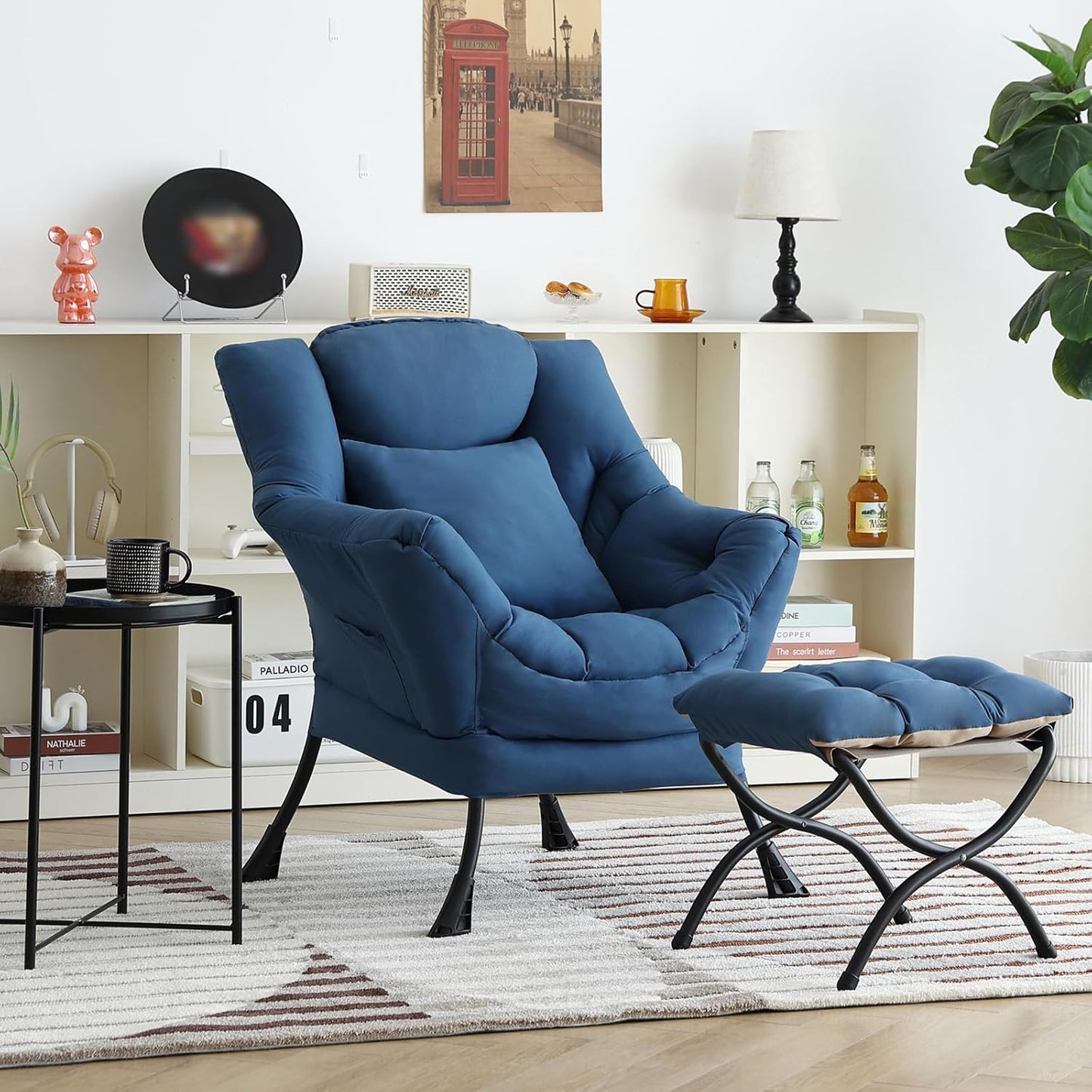 Lazy Chair with Ottoman, Comfy Reading Chair with Footstool & Pillow Modern Lounge Chair with Armrests & Side Pocket for Living Room, Bedroom, Dorm Room，Royal Blue