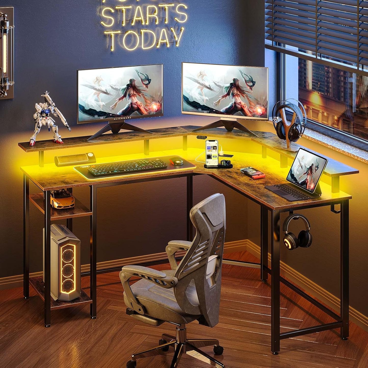 Rolanstar L Shaped Gaming Desk with LED Lights & Power Outlets, 46.2" Computer Desk with Full Monitor Stand & Storage Shelf, Corner Desk with Hooks, Rustic Brown Desk Reversible
