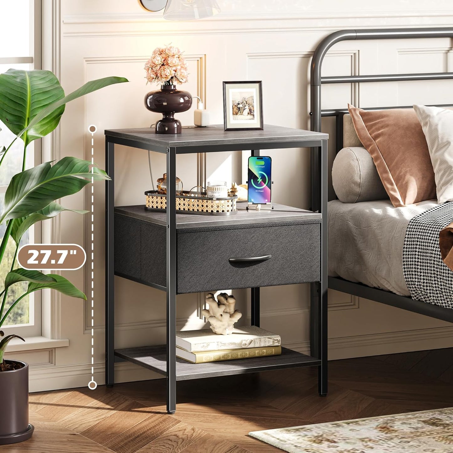 SUPERJARE Night Stand with Charger Station, 27.7 Inch Tall Nightstand with Adjustable Fabric Drawer, Bed Side Table, Fabric Drawer Dresser for Bedroom, Living Room, Charcoal Gray and Black