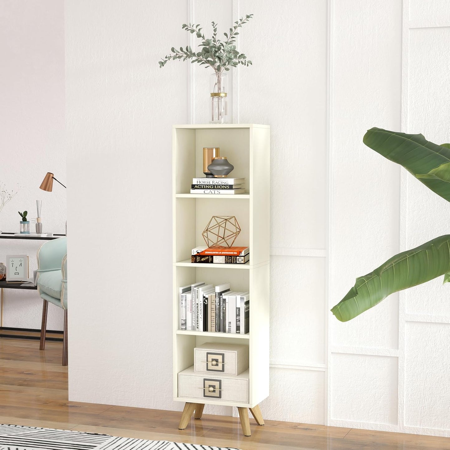Manora Small Bookcase with 4 Open Shelves, Modern White Bookshelf with Wooden Legs, Narrow Storage Organizer for Living Room, Bedroom, Office