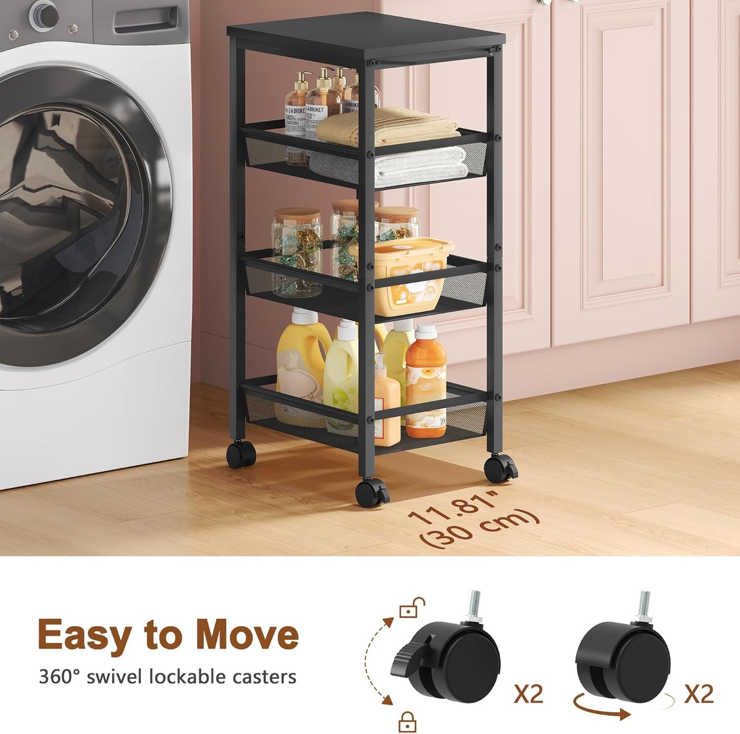 Hoctieon Rolling Storage Cart, 4-Tier Wide Panel Rolling Kitchen Storage Cart, Utility Cart with Handle & Wheels, Mobile Shelving Unit, Metal Frame Narrow Cart for Home Kitchen, Laundry, Black