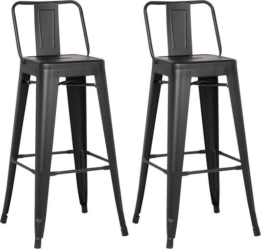 AC Pacific 30” Metal Barstool Set of 2 – Country Rustic Style with Low Back, Lightweight & Sturdy Build, Easy Assembly – Midnight Matte Finish