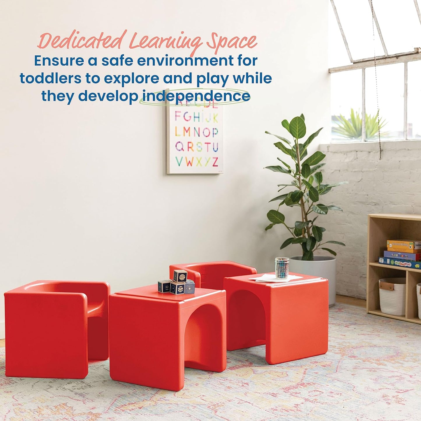 ECR4Kids Tri-Me Table and Cube Chair Set, Multipurpose Furniture, Red, 3-Piece