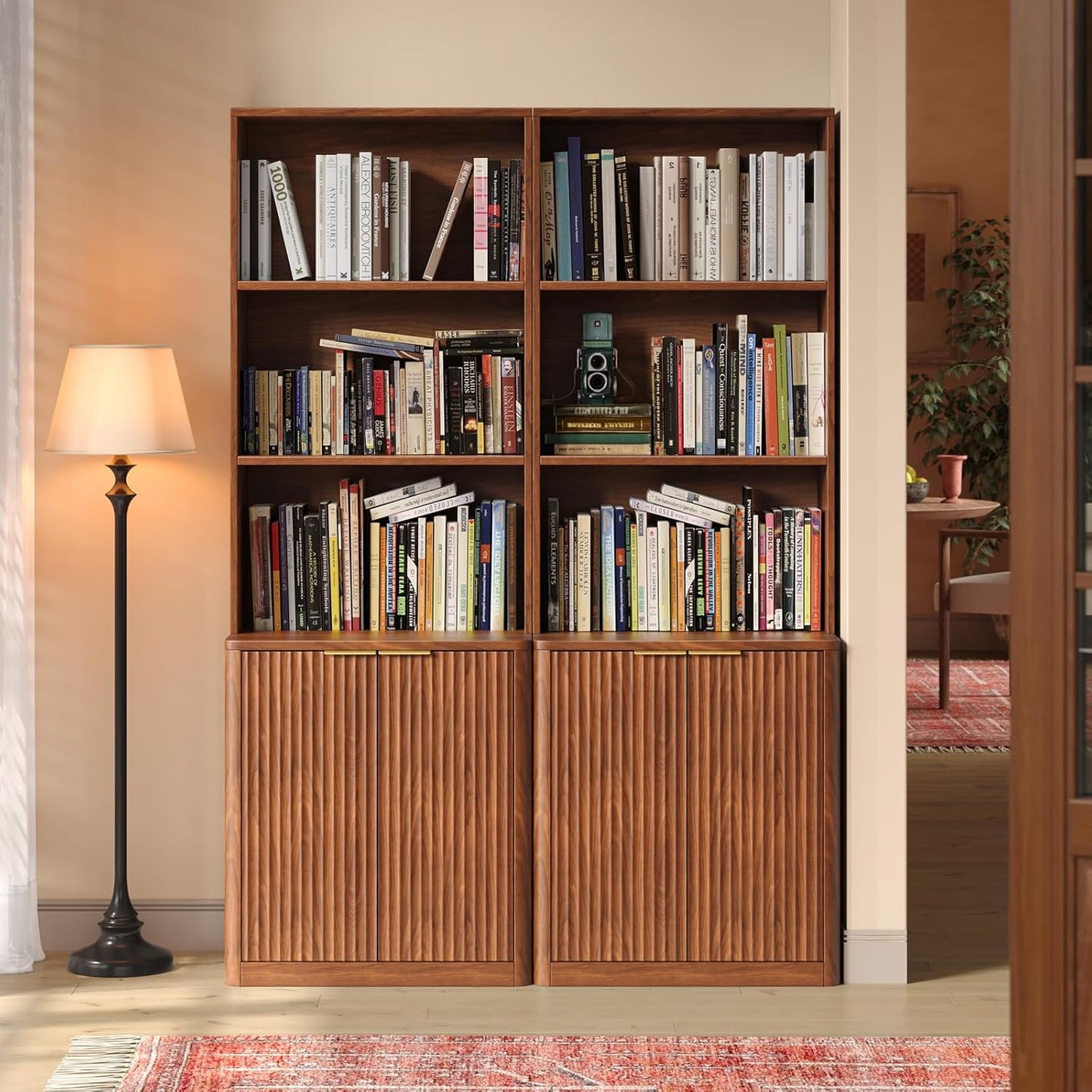 71" Walnut Bookcase with Doors, 5 Tier Fluted Tall Bookshelf with Storage, Librero with Cabinet for Home Office, Living Room,or Bedroom
