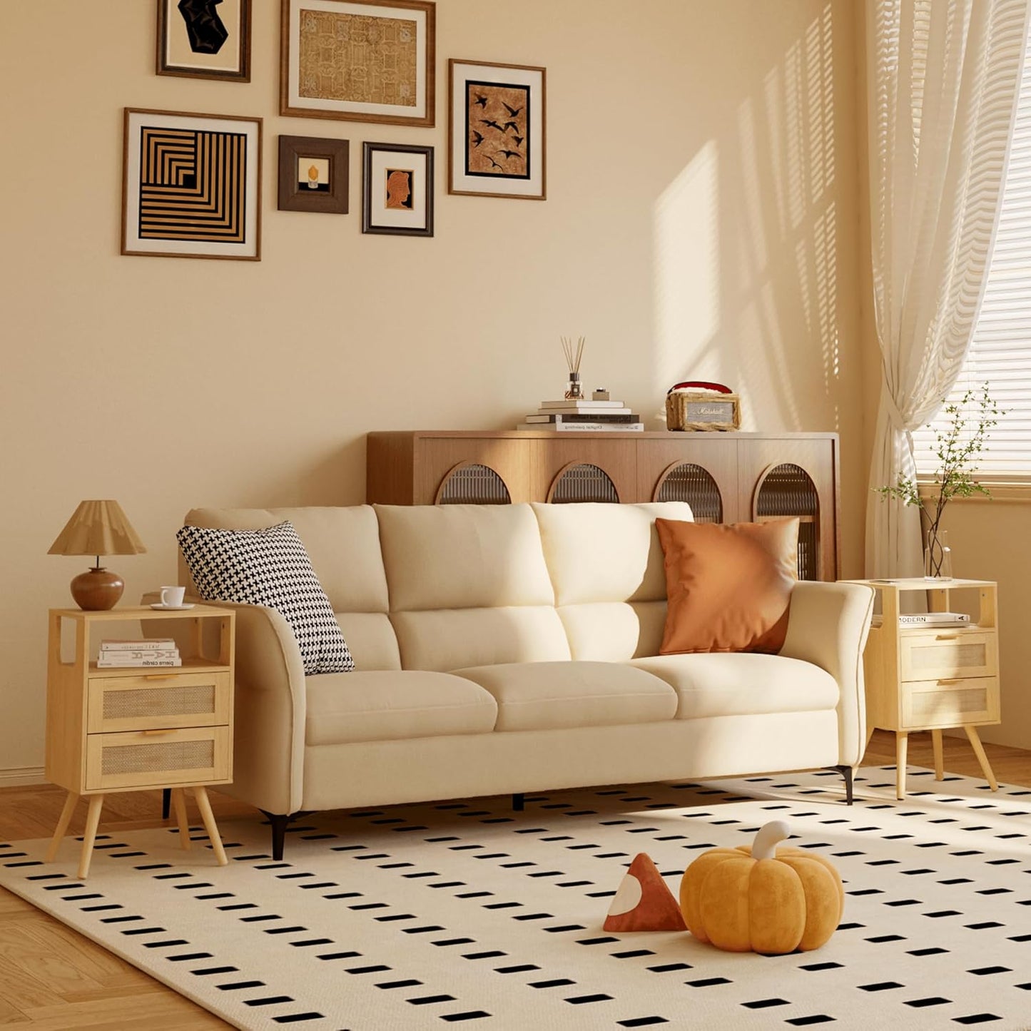 Rattan Nightstand,Farmhouse Bedside Table with 2 Storage Drawer and Open Wood Shelf, for Bedroom and Small Spaces,Night Stand with Solid Wood Legs (Yellow Oak)