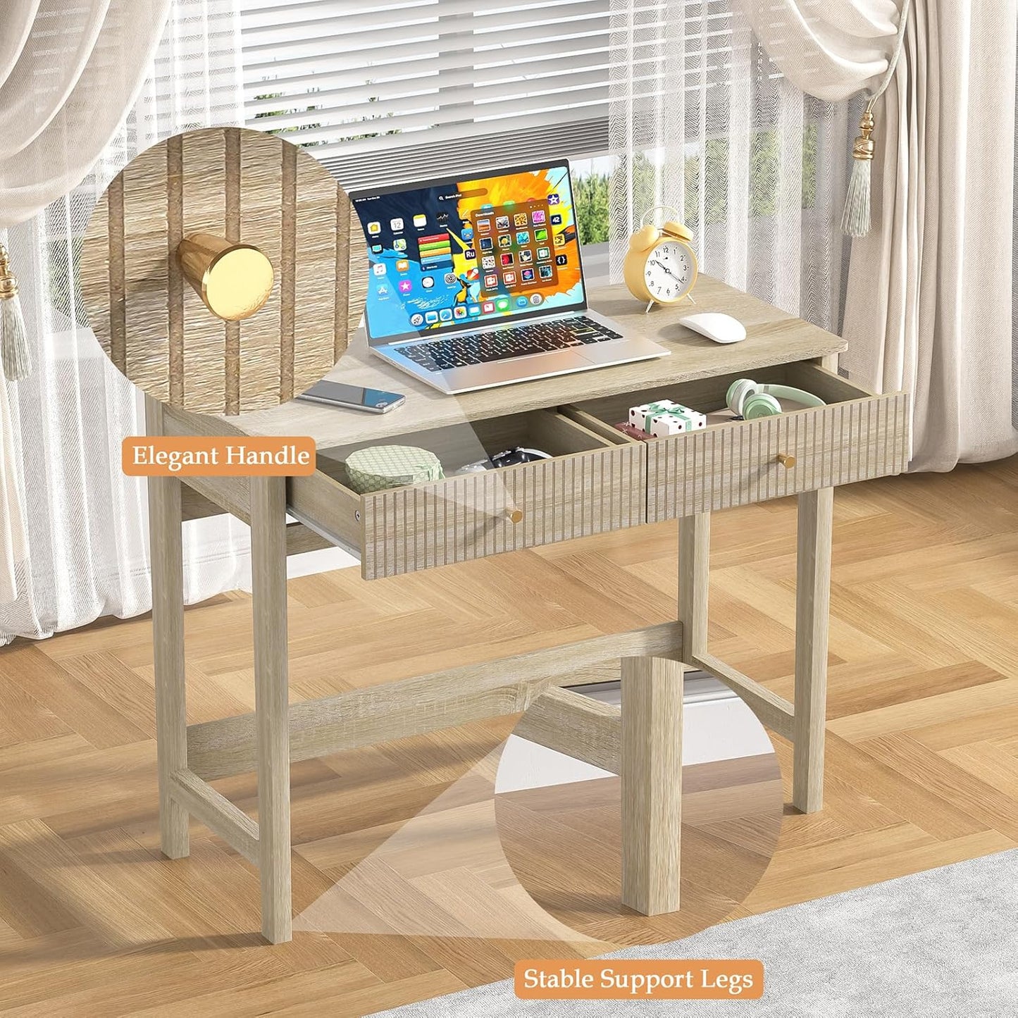 Fluted Writing Desk with Drawers, Makeup Vanity Desk for Bedroom, 40 Inch Home Office Computer Desk with Storage Drawers, Small Console Table