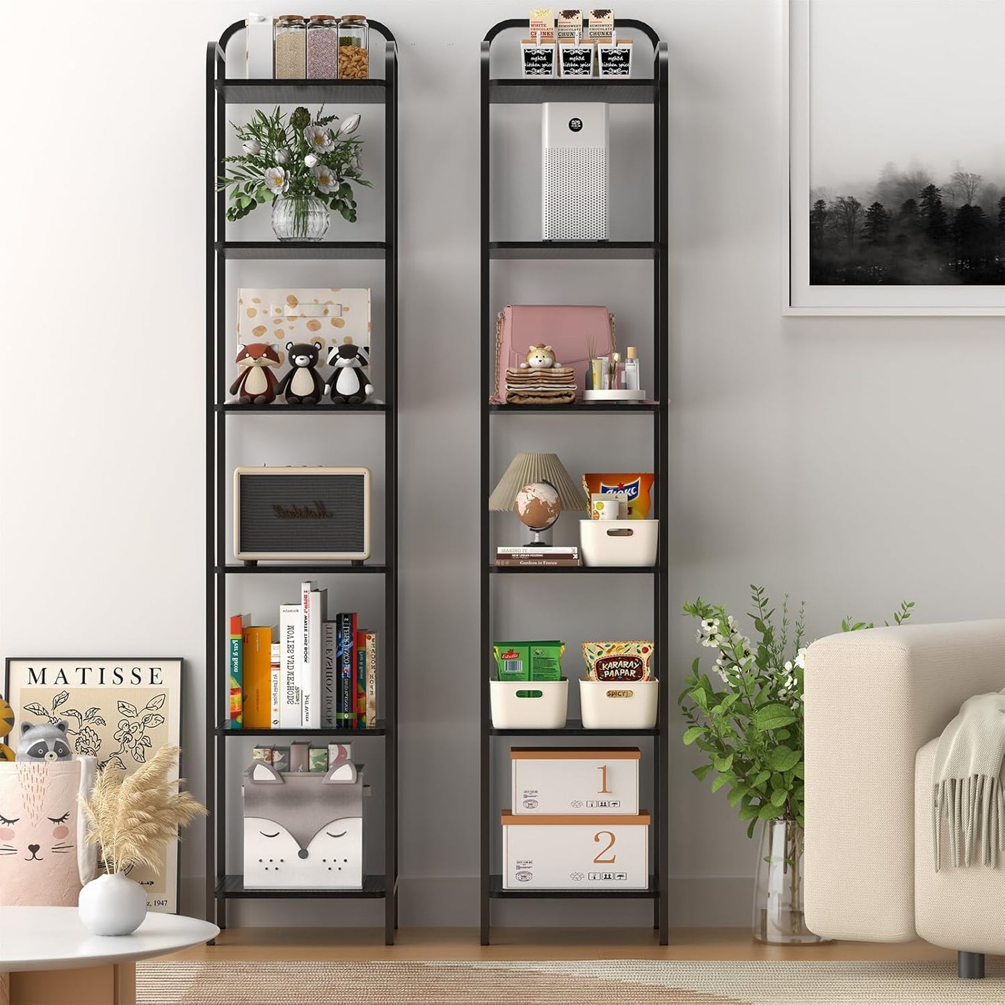 Book Shelf, 6 Tier Bookshelf, Bookcase with 6 Shelves, Storage Rack Organizer, Corner Wood Storage Shelf with Metal Frame for Bedroom, Living Room, Black