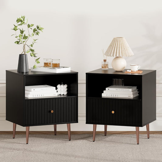 Black Night Stand Set 2,Modern Bedside Table with Door and Open Storage,Fluted Nightstand and Wood End Side Table with Rose Gold Metal Legs and Handles for Bedroom,Living Room,Black