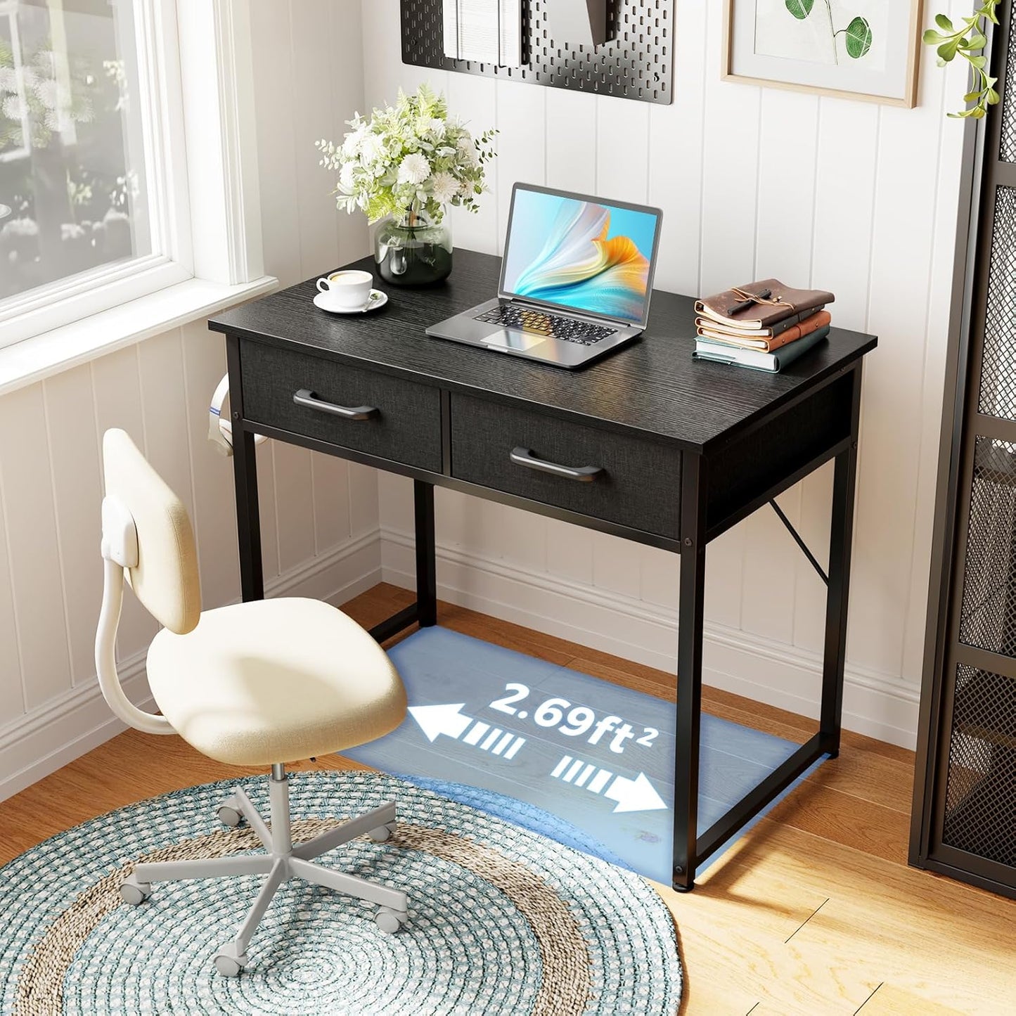 Casaottima 32 Inch Small Office Computer Desk with 2 Drawers & Headphone Hook - Compact Writing Desk for Home Office, Study or Work, Modern Space-Saving Design for Small Spaces, Black