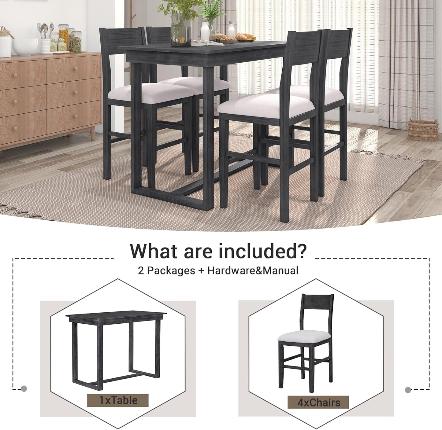 Merax Farmhouse Counter Height 5-Piece Dining Set with 1 Rectangular Table and 4 Upholstered Chairs for Small Places, Family Kitchen Furniture, Gray