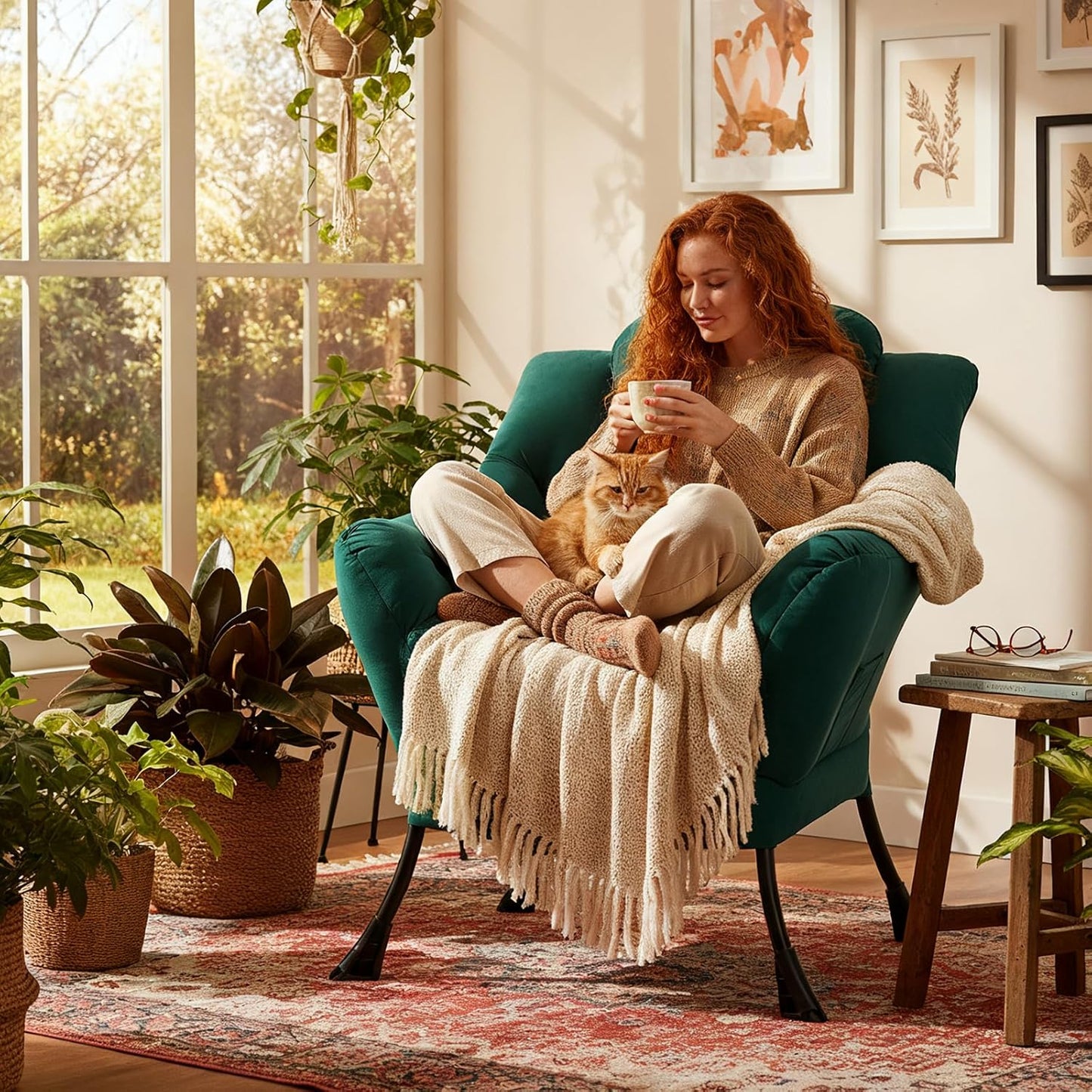 Lazy Chair, Reading Armchair, Large Modern Lounge Accent Chair, Leisure Sofa Chair for Living Room, Bedroom, Dorm Room (Dark Green)